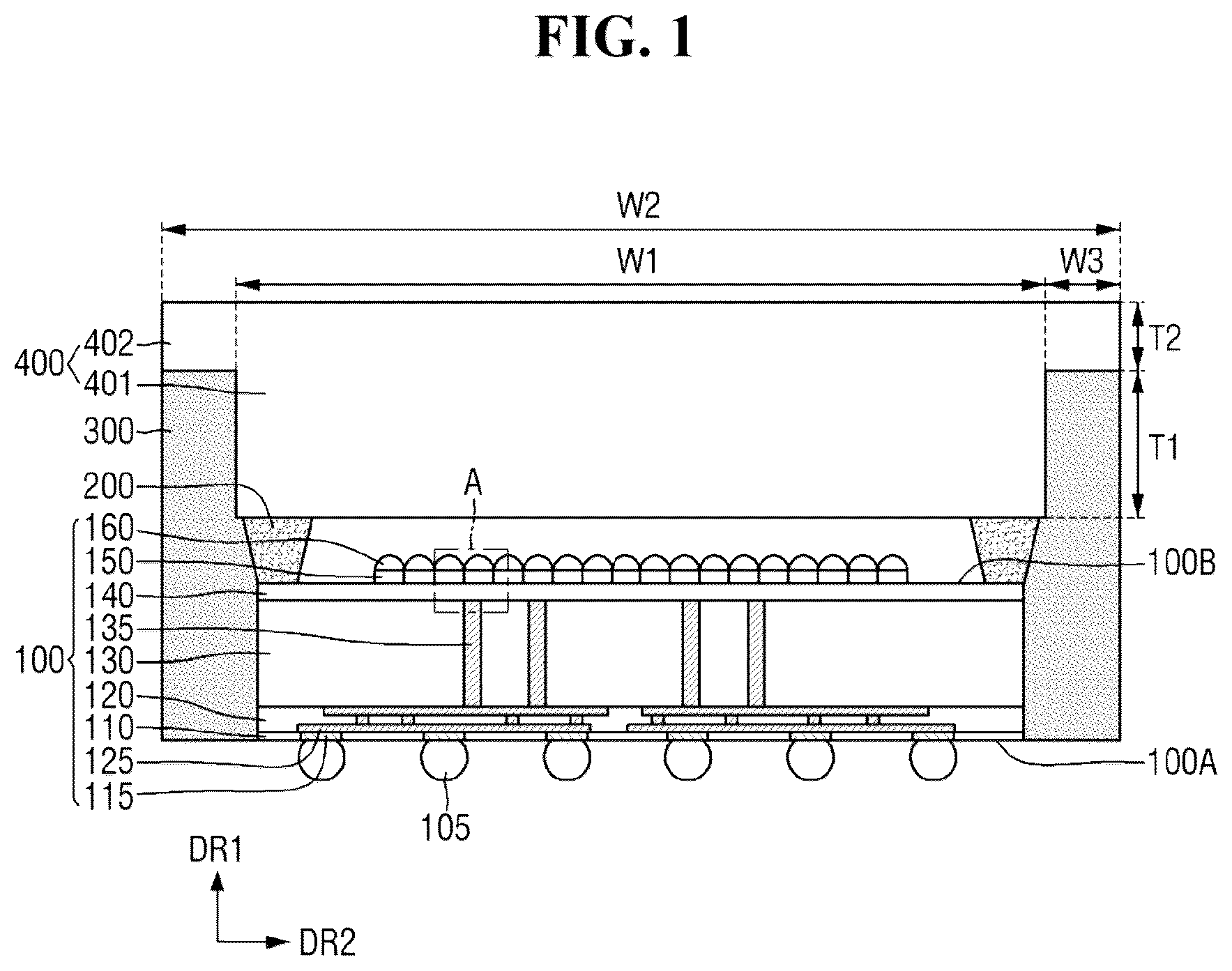 Patent US12433050 Figure 1 – Semiconductor package with protective mold