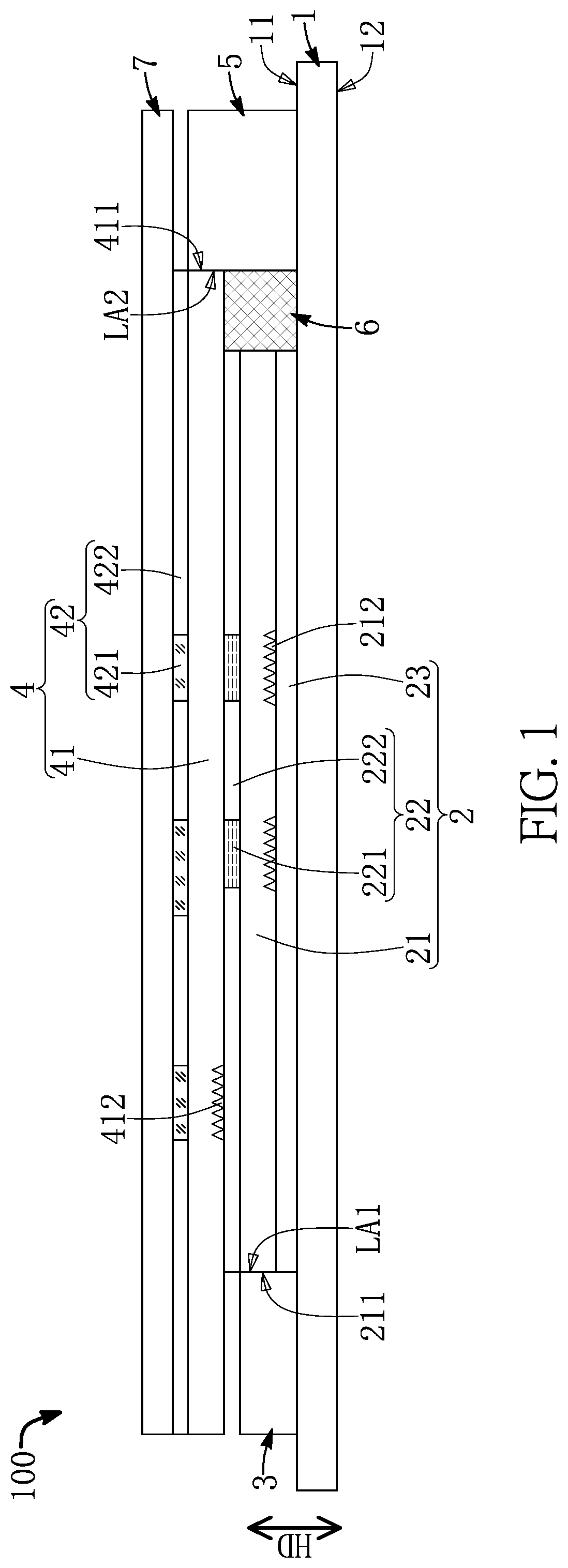 Patent US12433083 — Display device with multi-layered structure for presenting luminous images of different colors — Figure 1