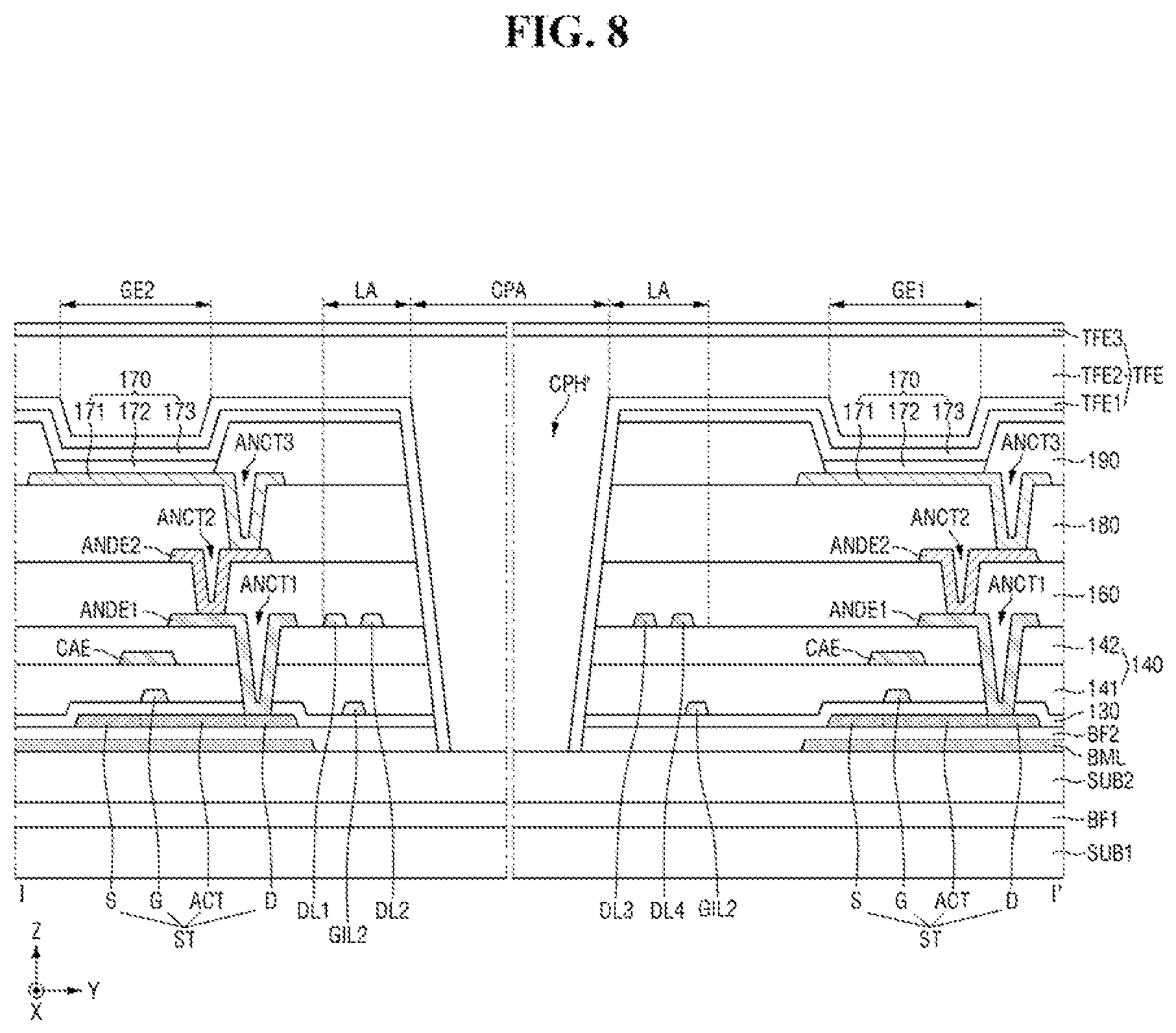 Patent US12433100 Figure 8 – Display device having crack prevention portions on a side portion and method of fabricating the same