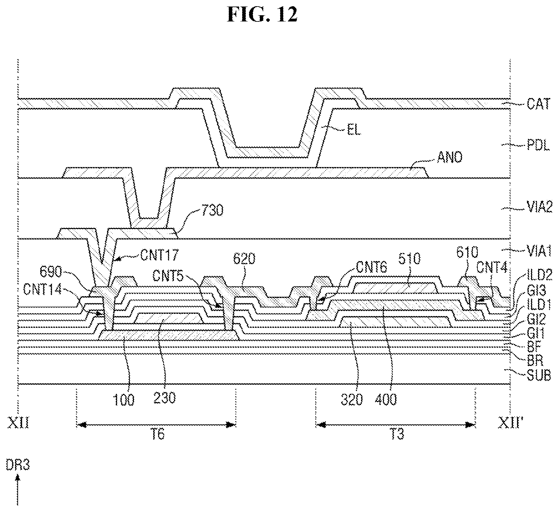 Patent US12433110 Figure 12 – Display device with recess in insulating films