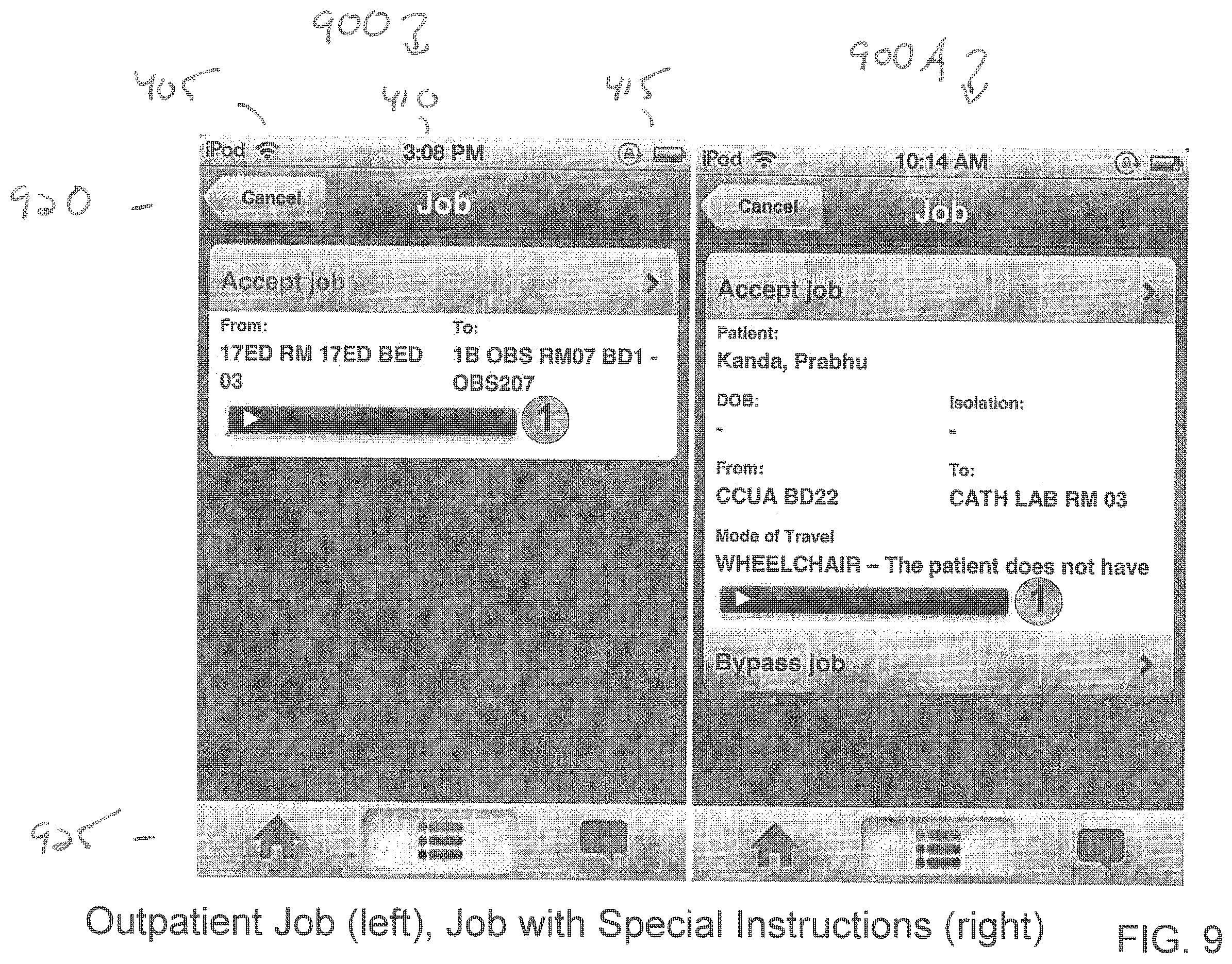 Patent US12437254 Figure 12 – Display of hospital transport information on a portable device