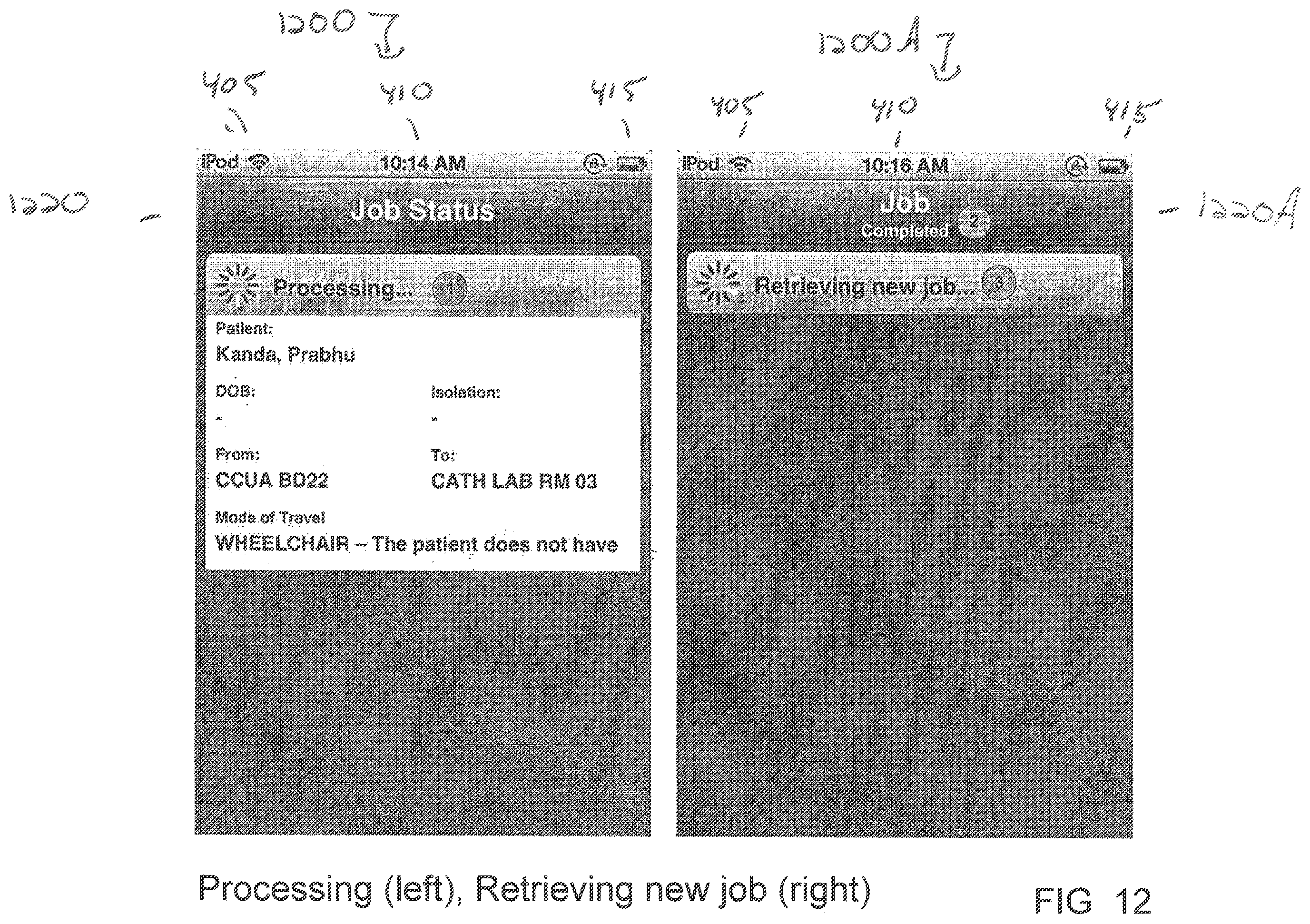 Patent US12437254 Figure 15 – Display of hospital transport information on a portable device