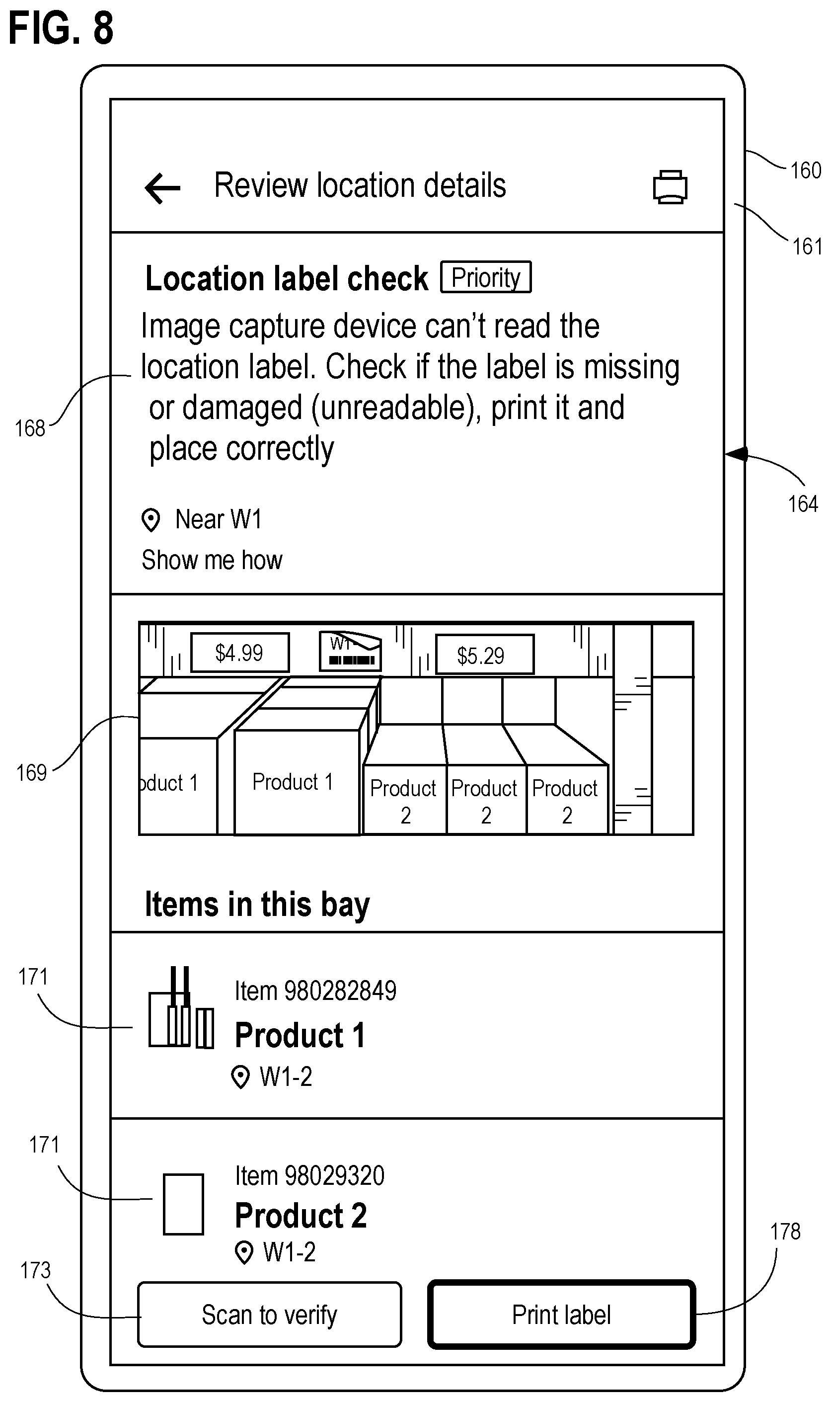 Patent US12437263 Figure 8 – Systems and methods of monitoring location labels of product storage structures of a product storage facility