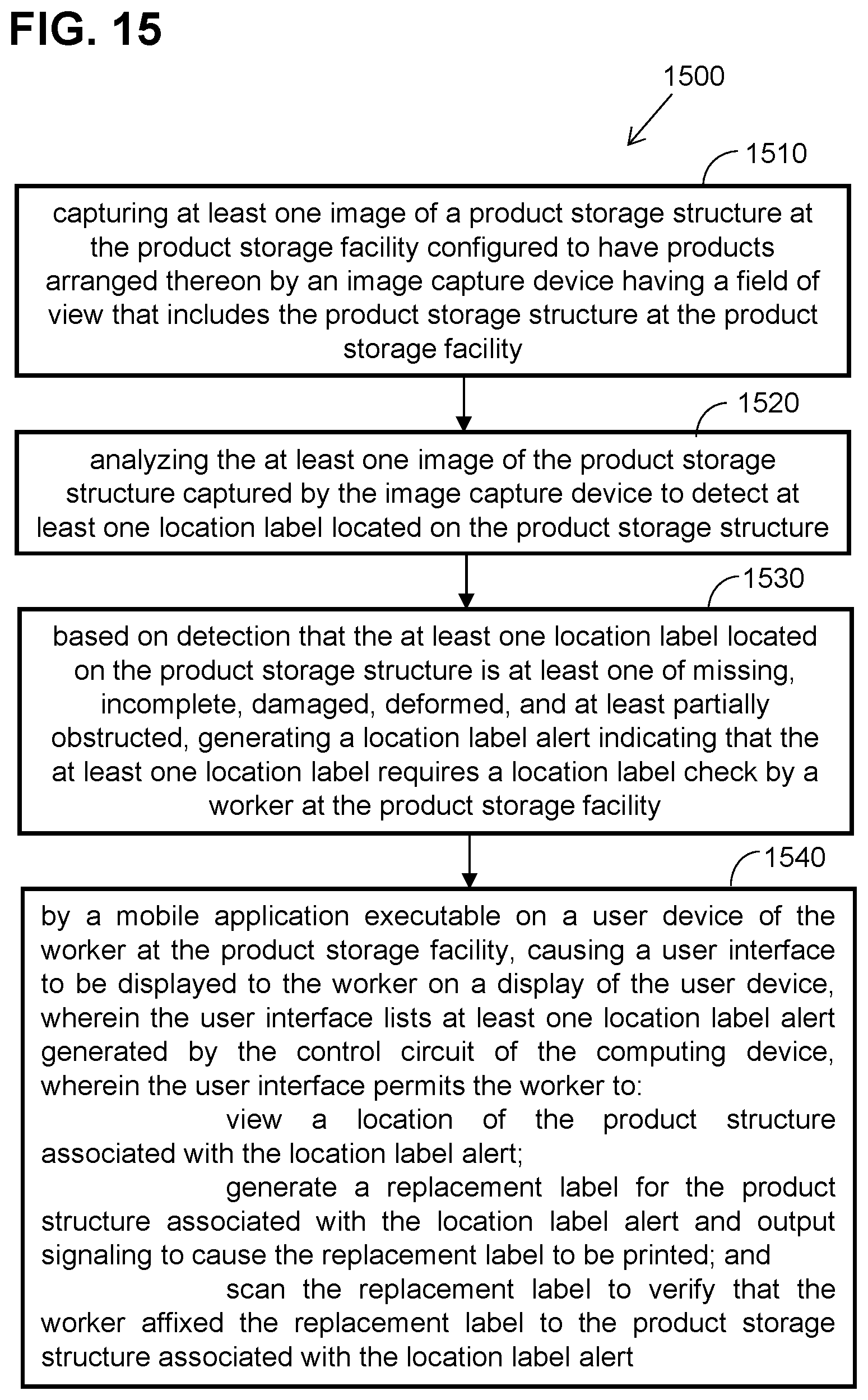 Patent US12437263 Figure 15 – Systems and methods of monitoring location labels of product storage structures of a product storage facility