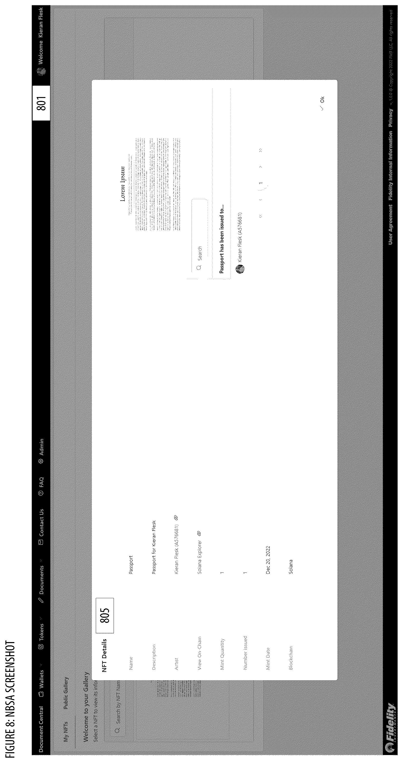 Patent US12437292 Figure 8 – NFT based secure authentication and notification apparatuses, processes and systems