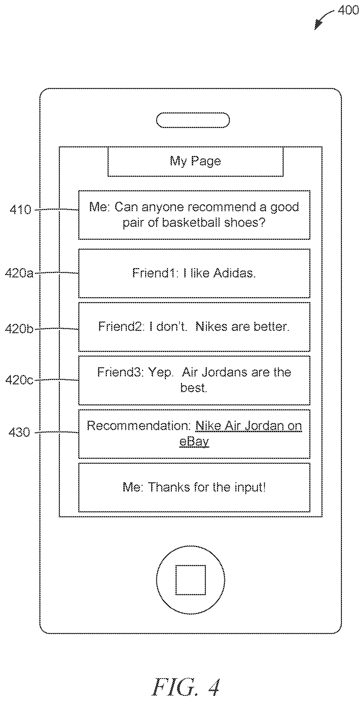Patent US12437328 Figure 4 – Method, medium, and system for social media-based recommendations