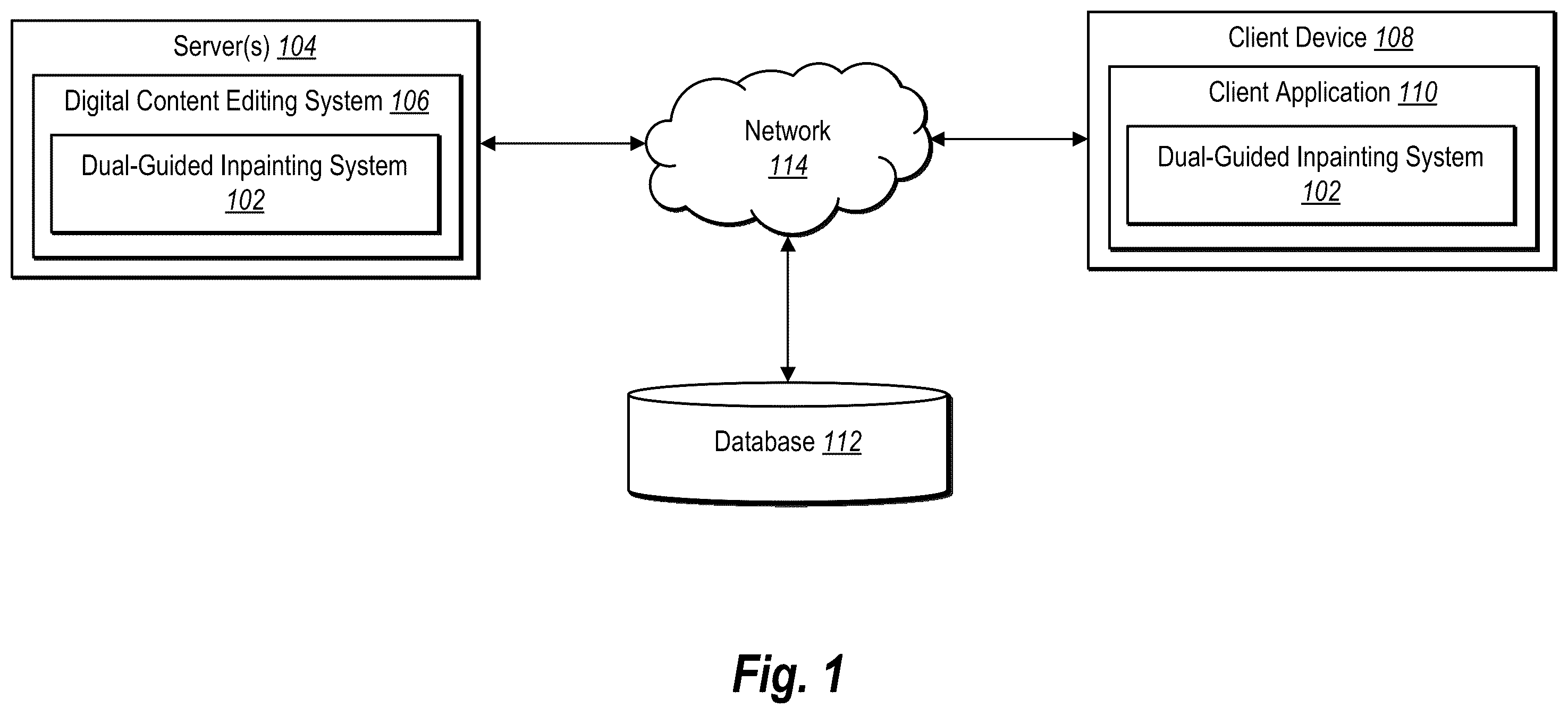 Patent US12437375 Figure 1 – Improving digital image inpainting utilizing plane panoptic segmentation and plane grouping