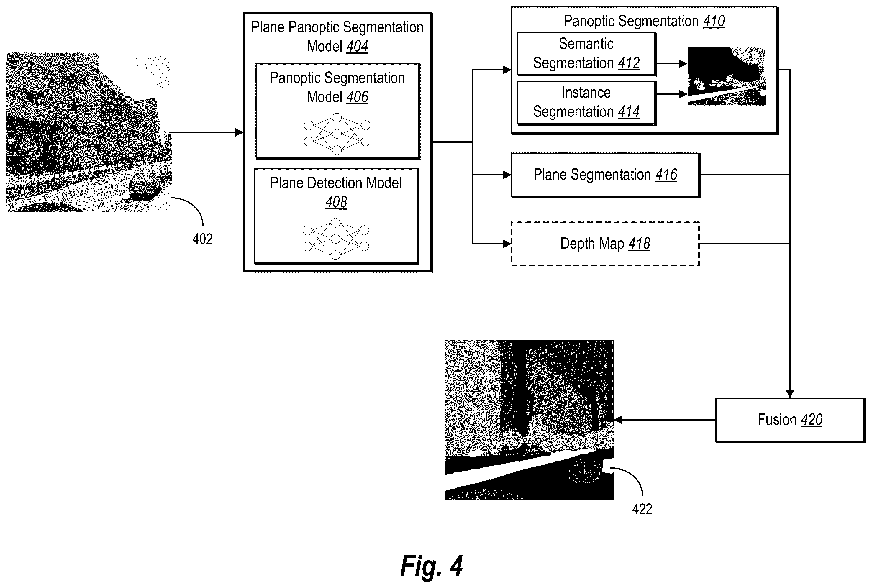 Patent US12437375 Figure 4 – Improving digital image inpainting utilizing plane panoptic segmentation and plane grouping