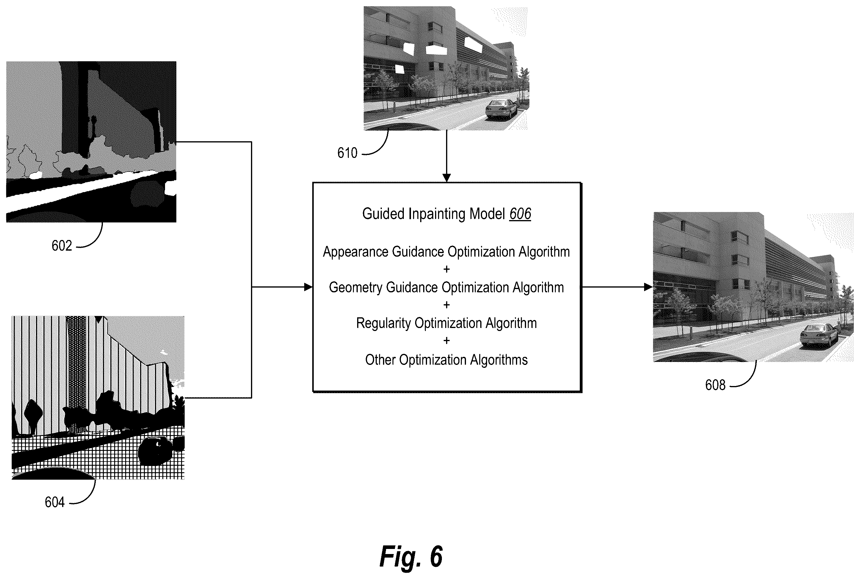 Patent US12437375 Figure 6 – Improving digital image inpainting utilizing plane panoptic segmentation and plane grouping