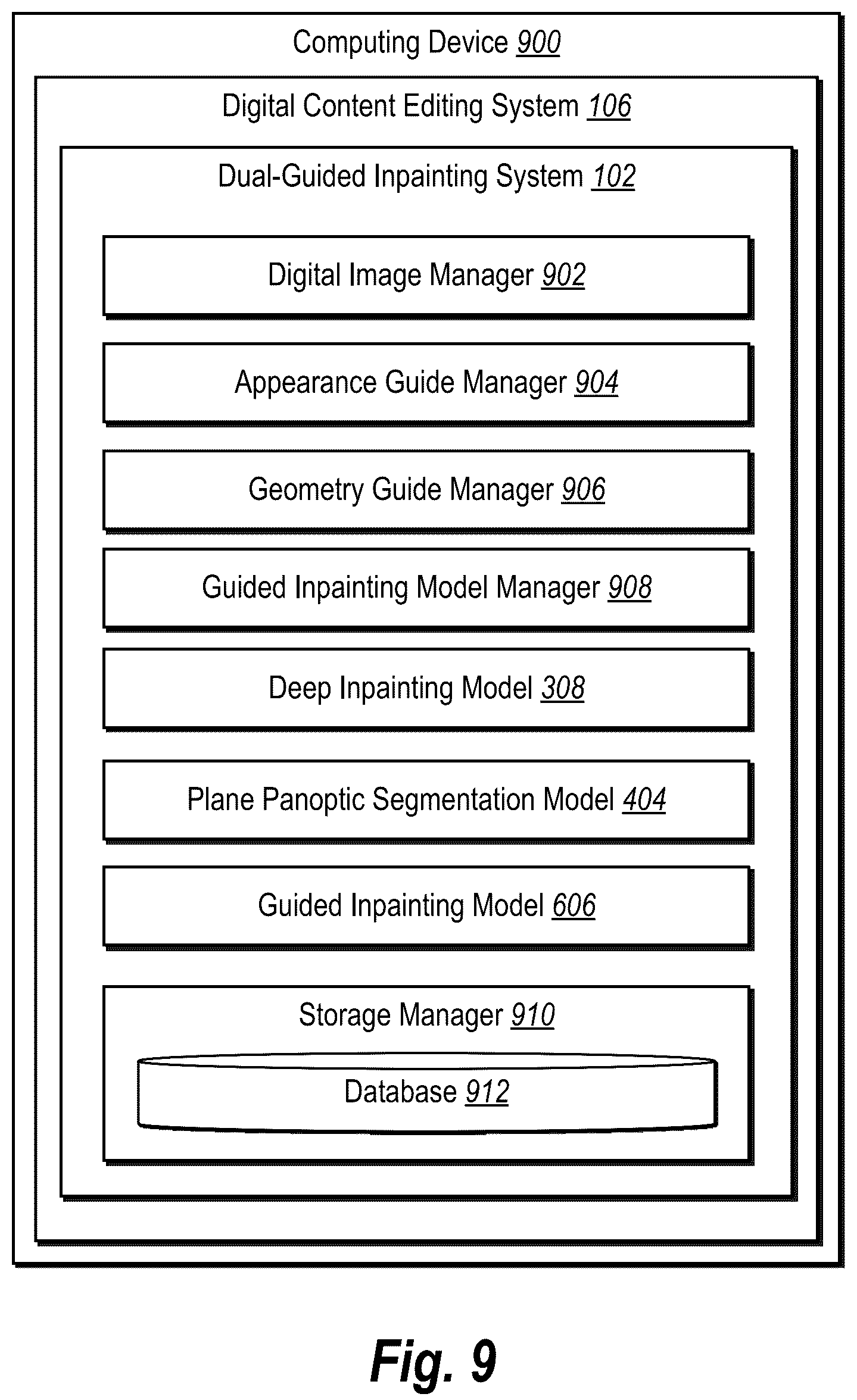 Patent US12437375 Figure 10 – Improving digital image inpainting utilizing plane panoptic segmentation and plane grouping