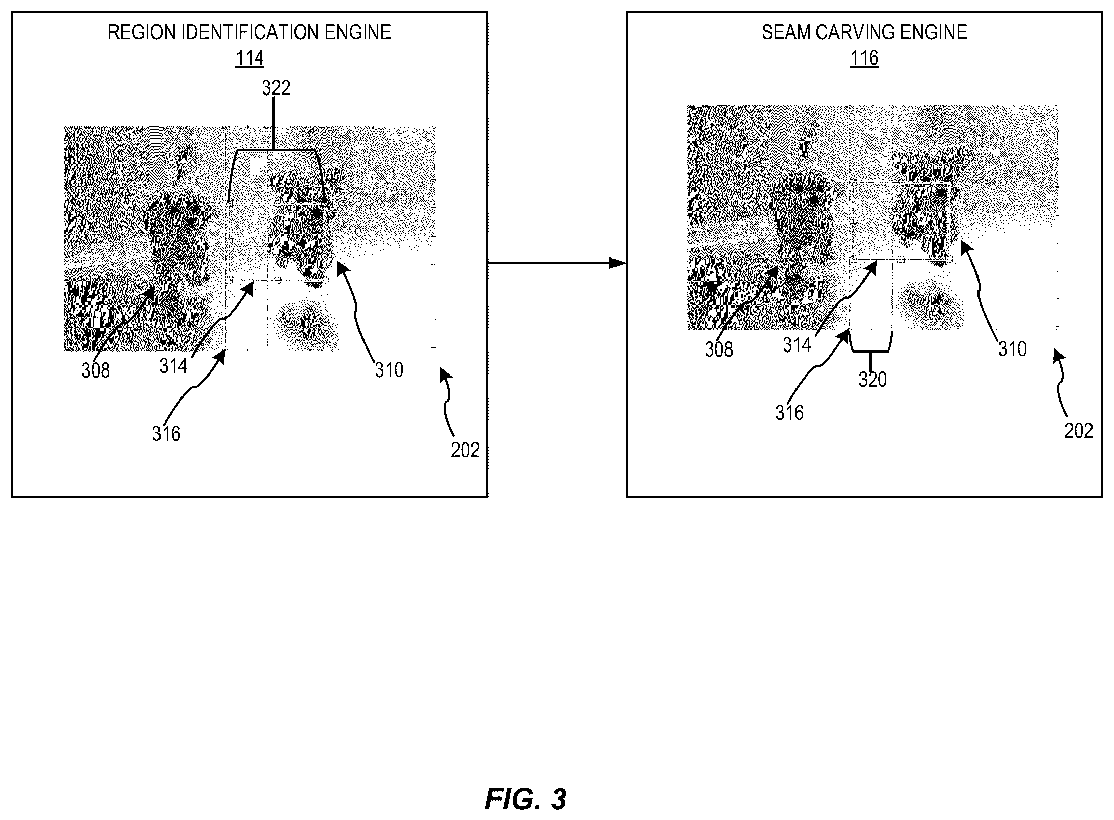 Patent US12437411 Figure 3 – Localized seam carving and expansion with configurable localization threshold