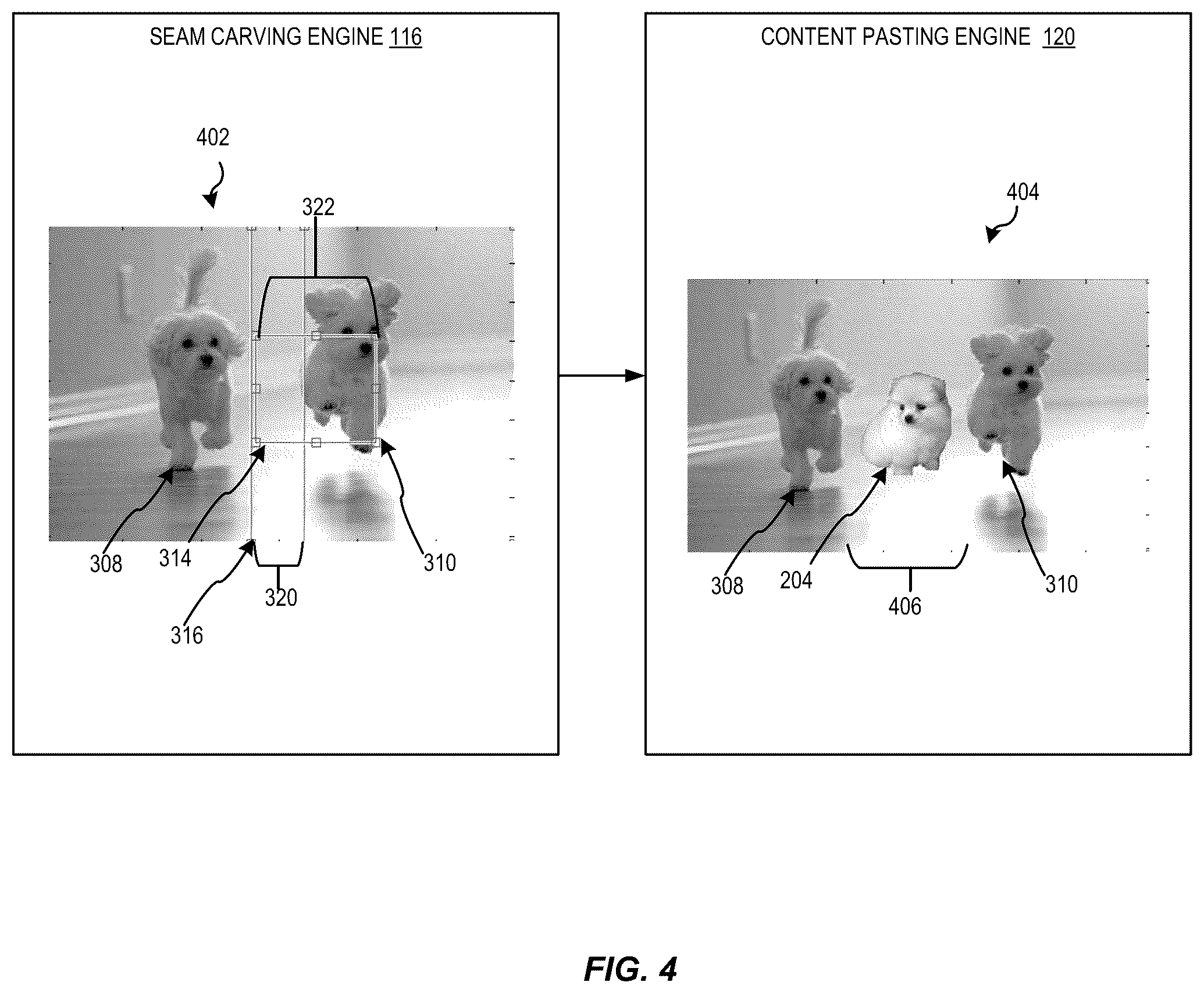 Patent US12437411 Figure 4 – Localized seam carving and expansion with configurable localization threshold
