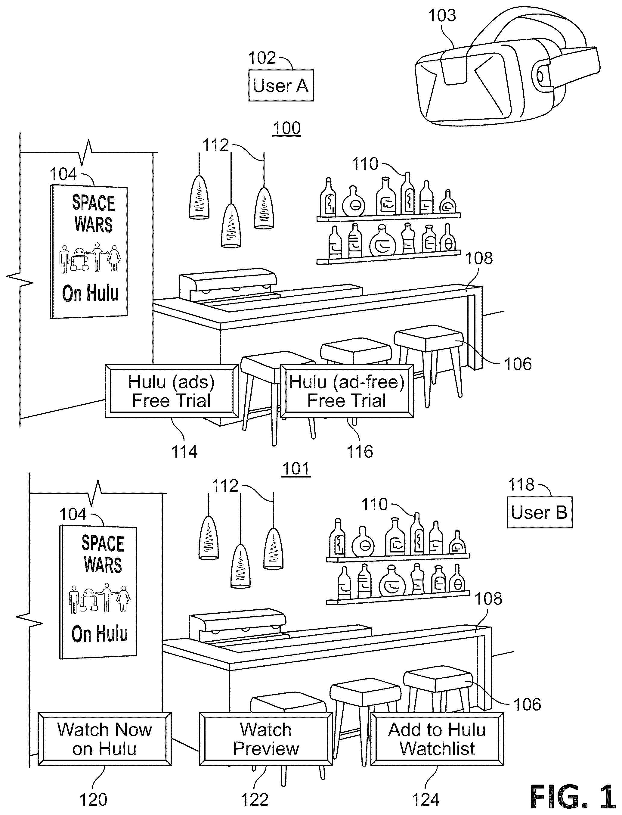 Patent US12437471 Figure 1 – Personalized user engagement in a virtual reality environment