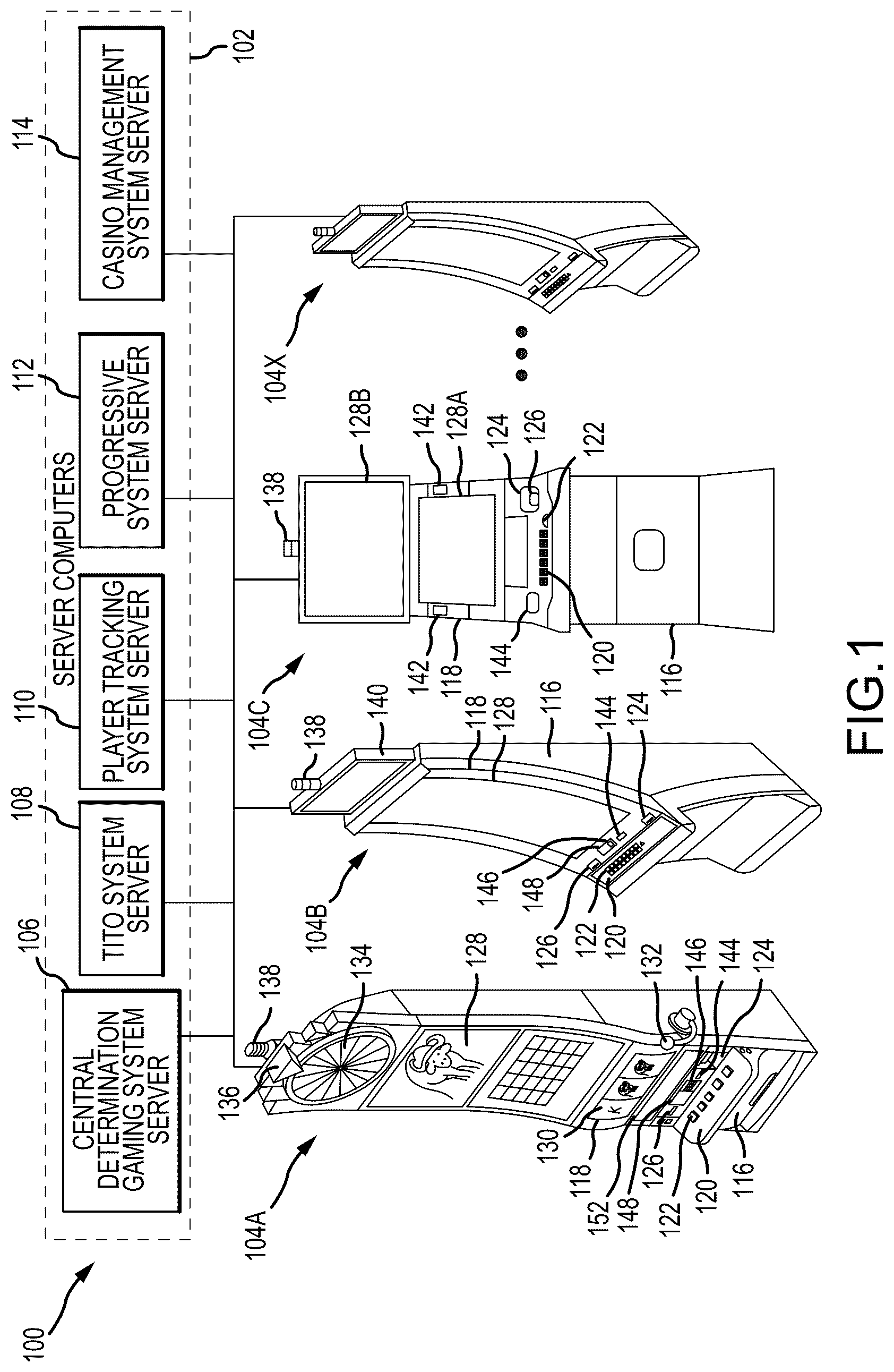 Patent US12437603 Figure 1 – Electronic gaming machine and methods for playing a hold and drop keno game
