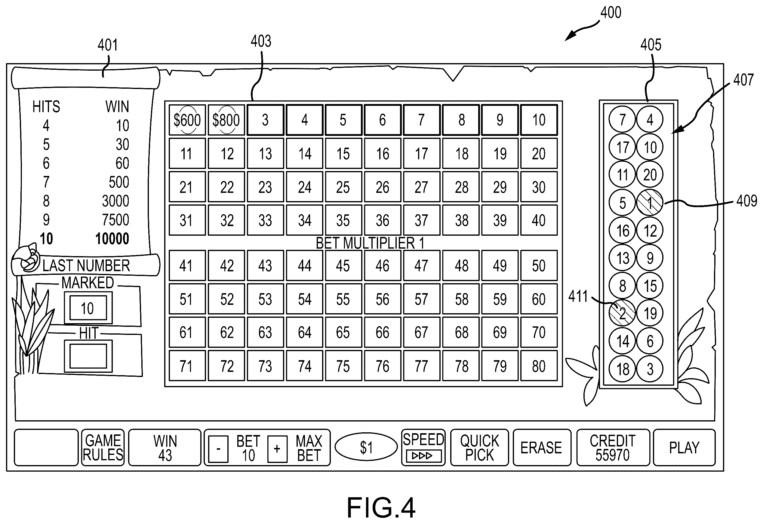 Patent US12437603 Figure 4 – Electronic gaming machine and methods for playing a hold and drop keno game