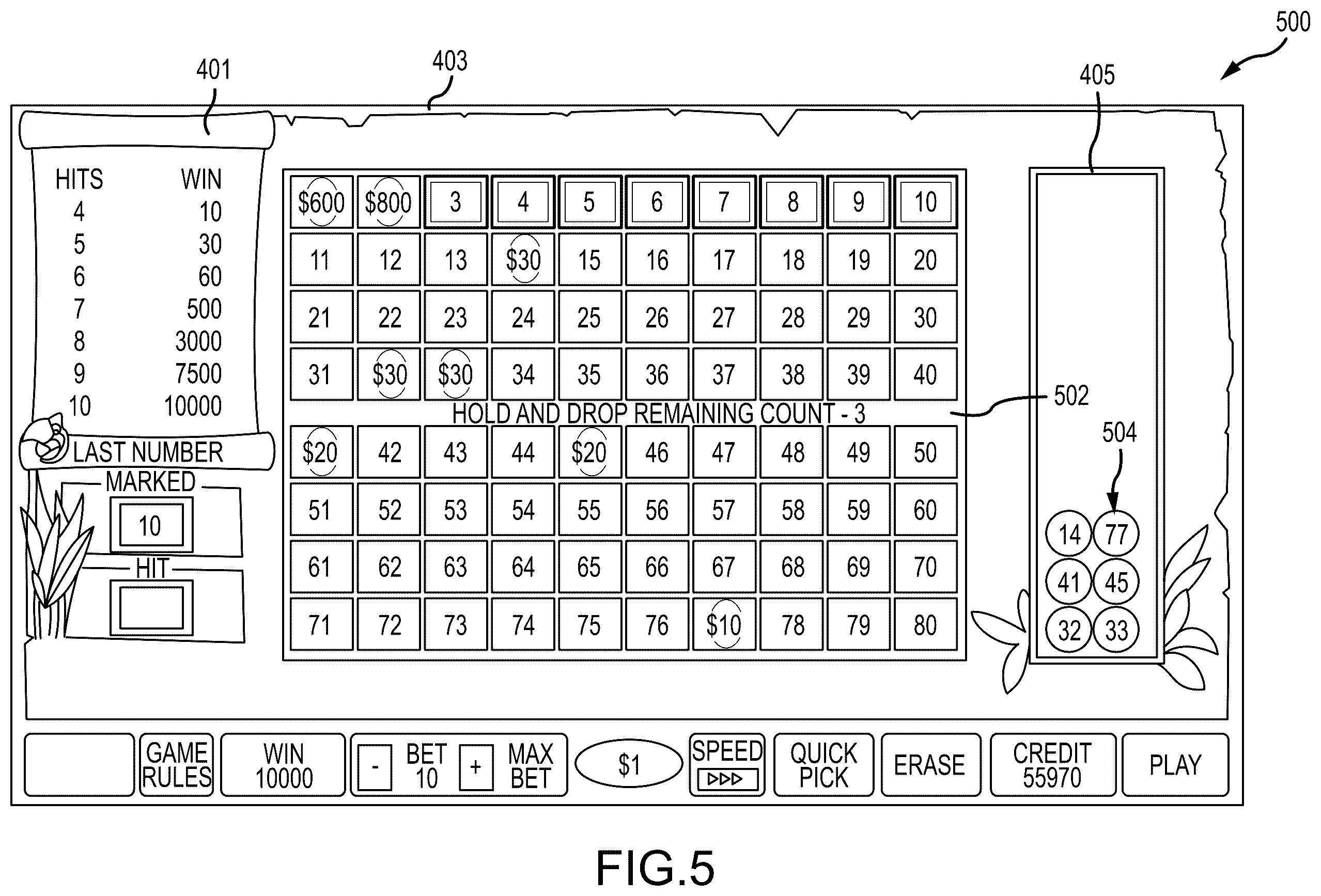 Patent US12437603 Figure 5 – Electronic gaming machine and methods for playing a hold and drop keno game