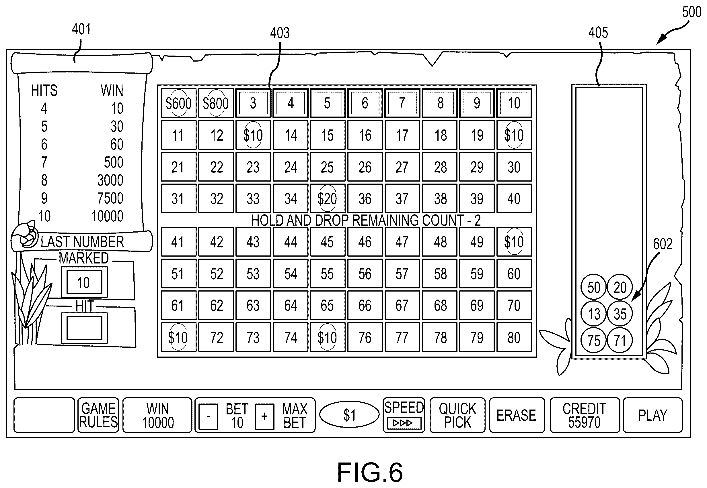 Patent US12437603 Figure 6 – Electronic gaming machine and methods for playing a hold and drop keno game