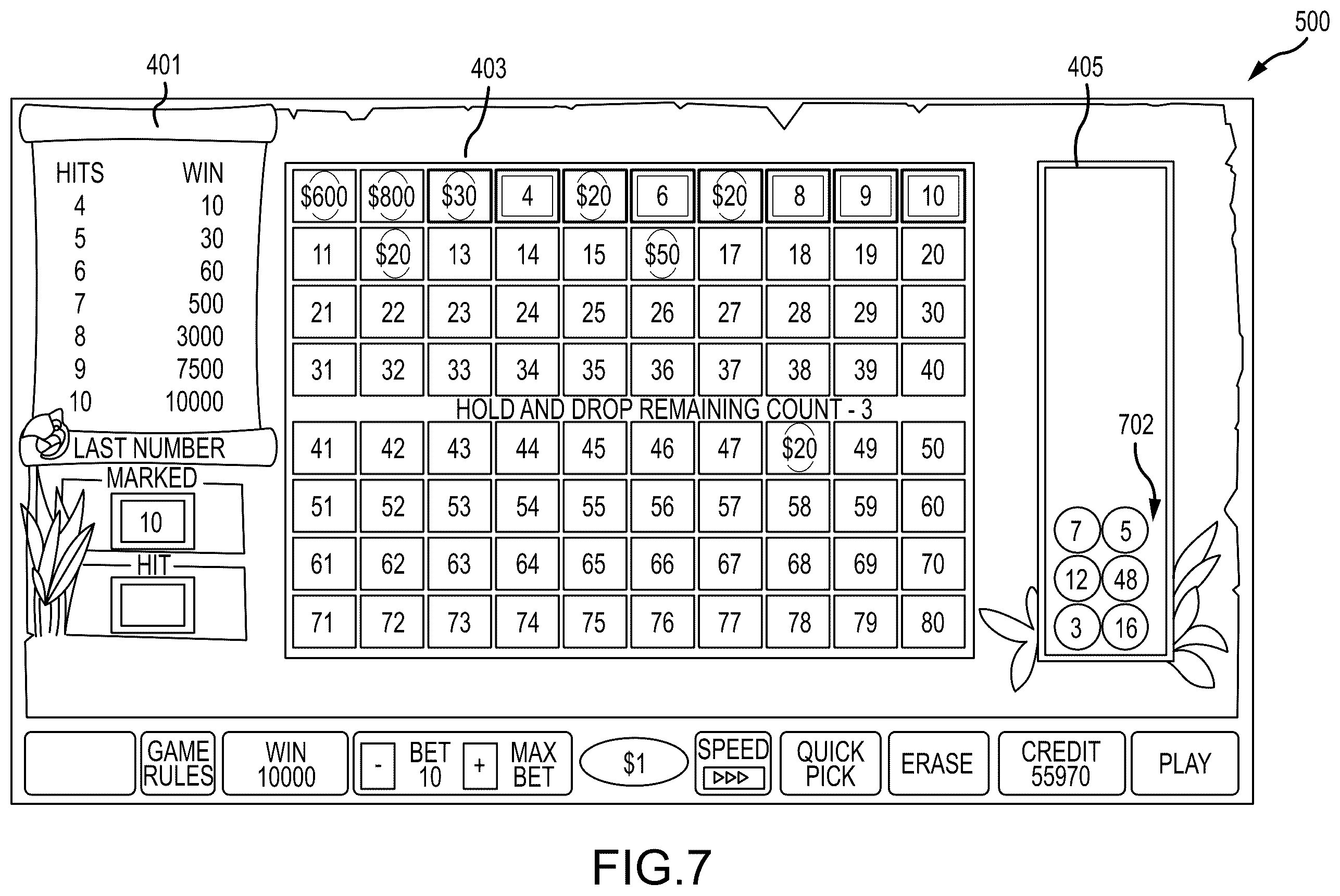 Patent US12437603 Figure 7 – Electronic gaming machine and methods for playing a hold and drop keno game