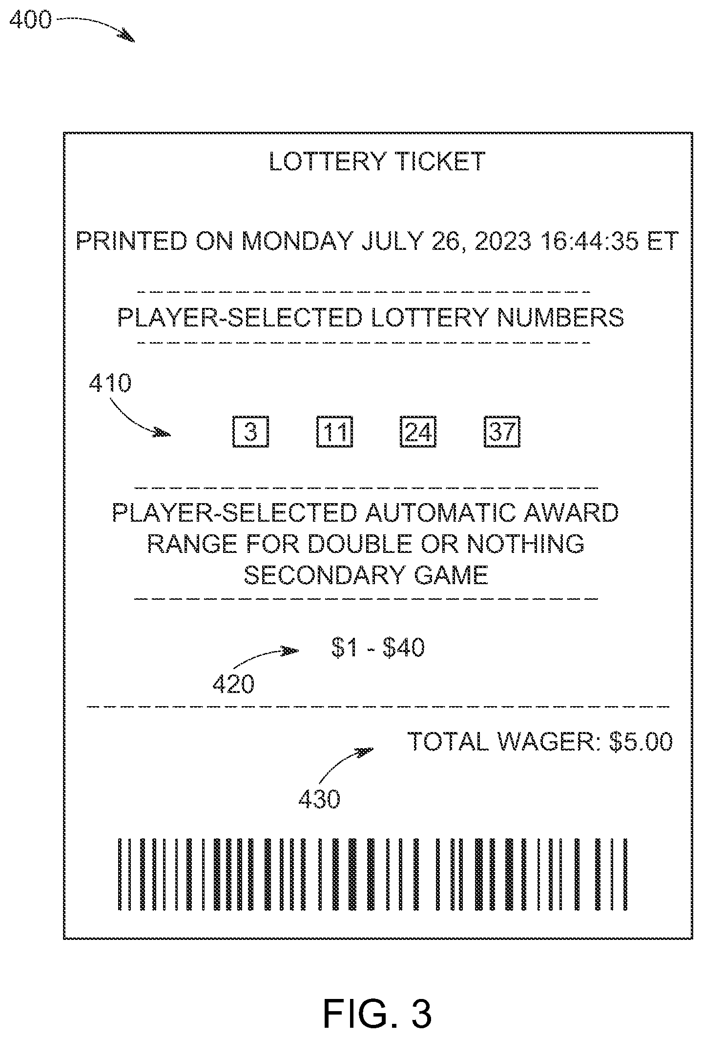 Patent US12437614 Figure 3 – Lottery gaming systems, methods of operating lottery gaming systems, and lottery tickets