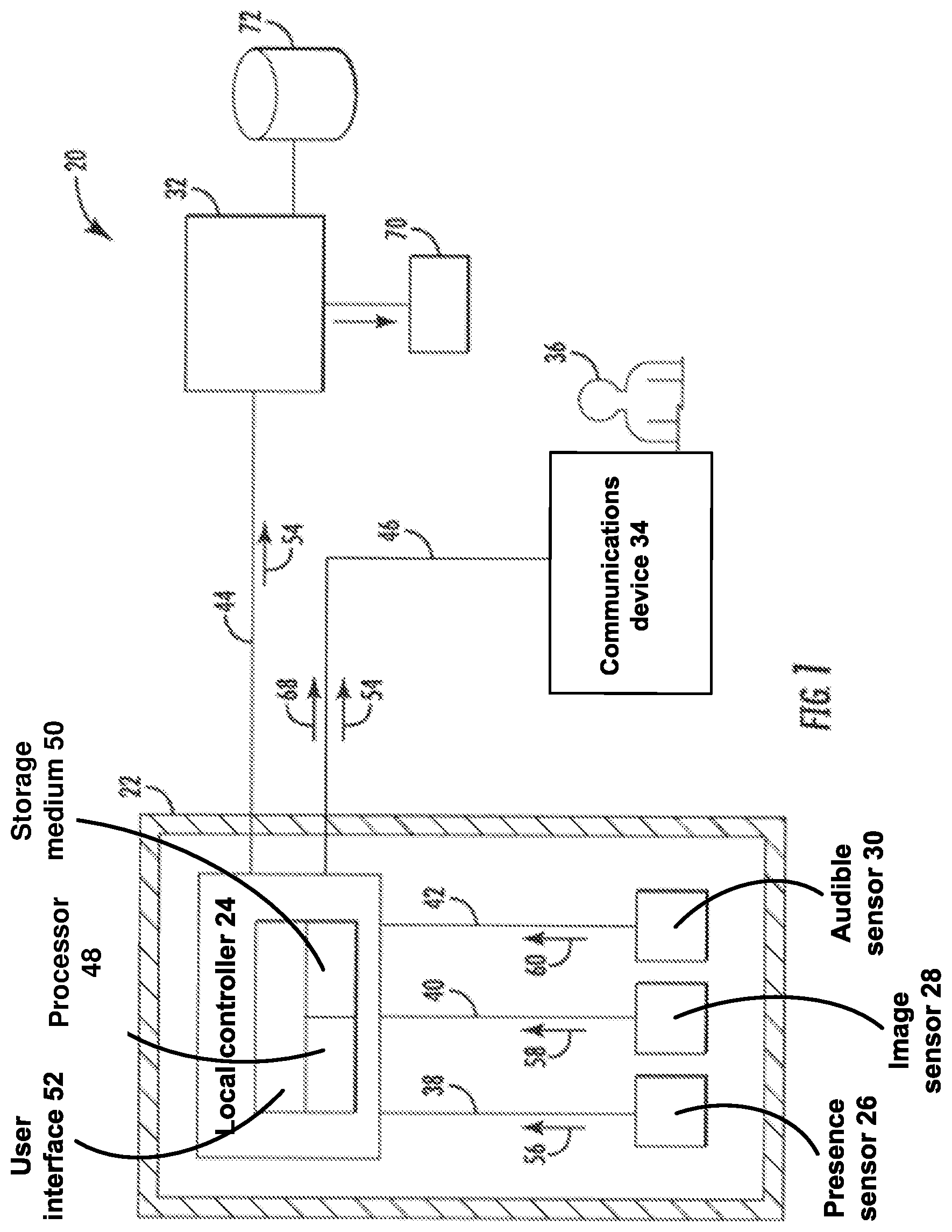 Patent US12437631 Figure 1 – Presence alert system with imaging and audio sensors for reducing false alarms