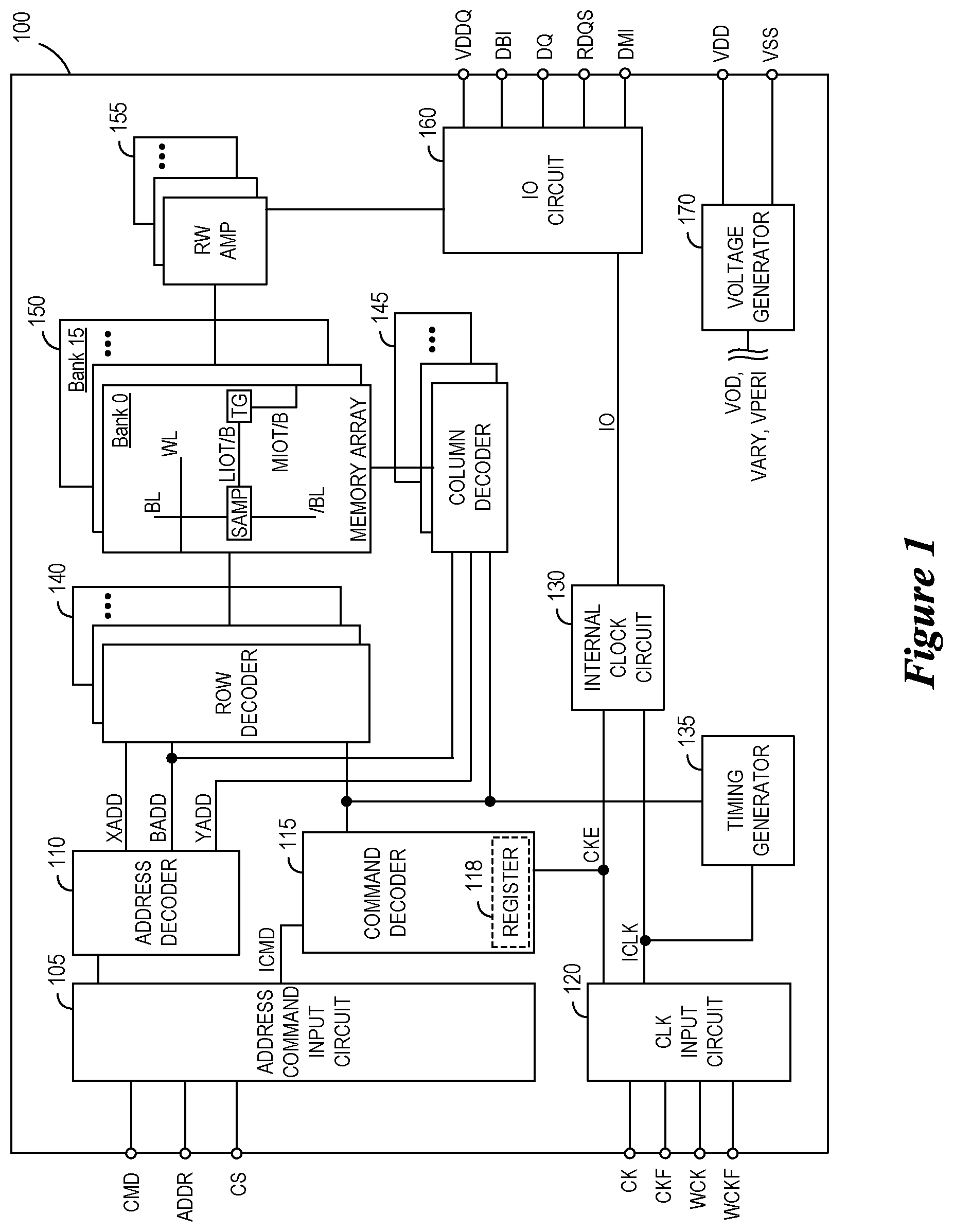 Patent US12437800 Figure 1 – Row clear features for memory devices and associated methods and systems