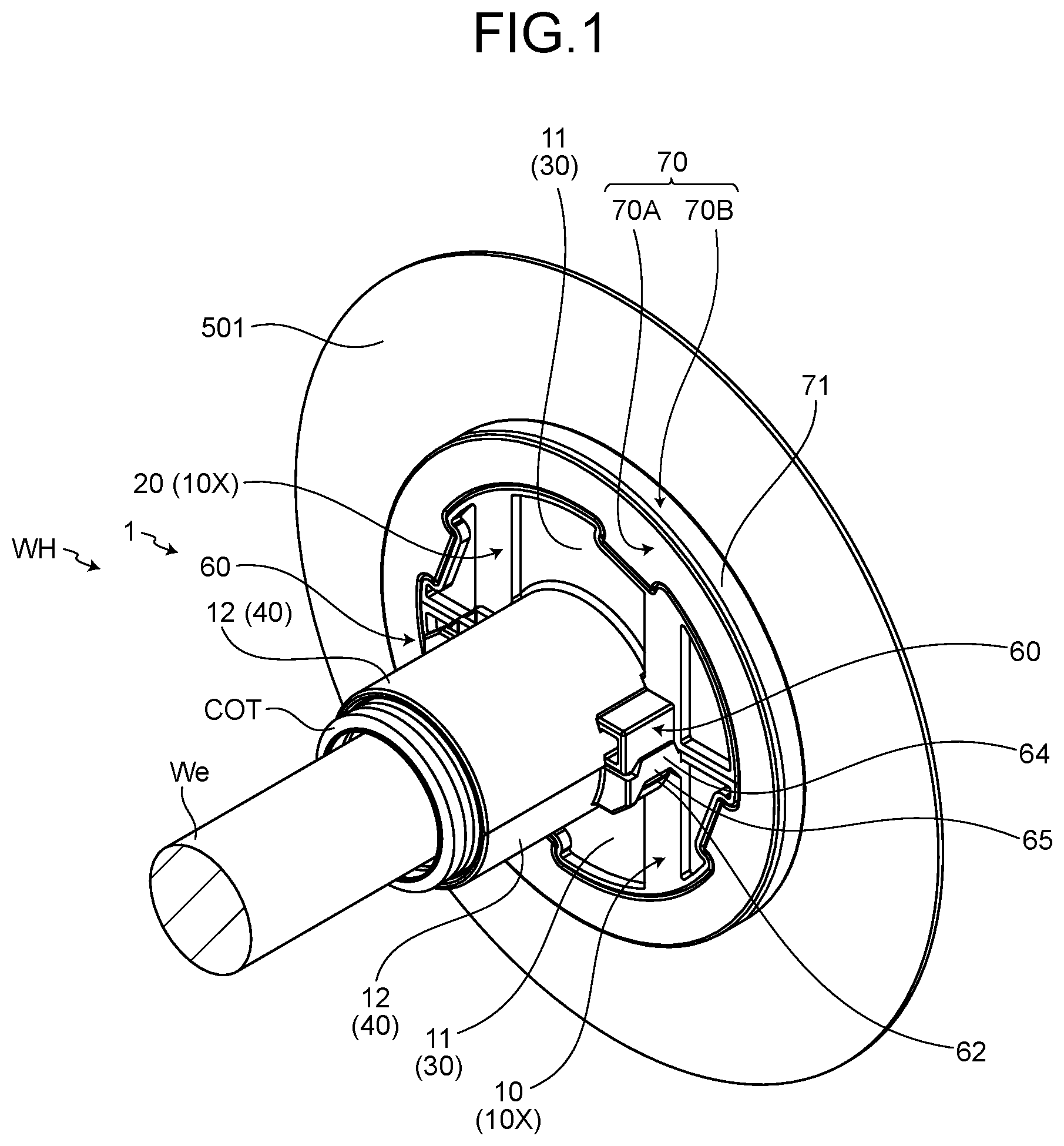 Patent US12437903 Figure 1 – Grommet and wire harness