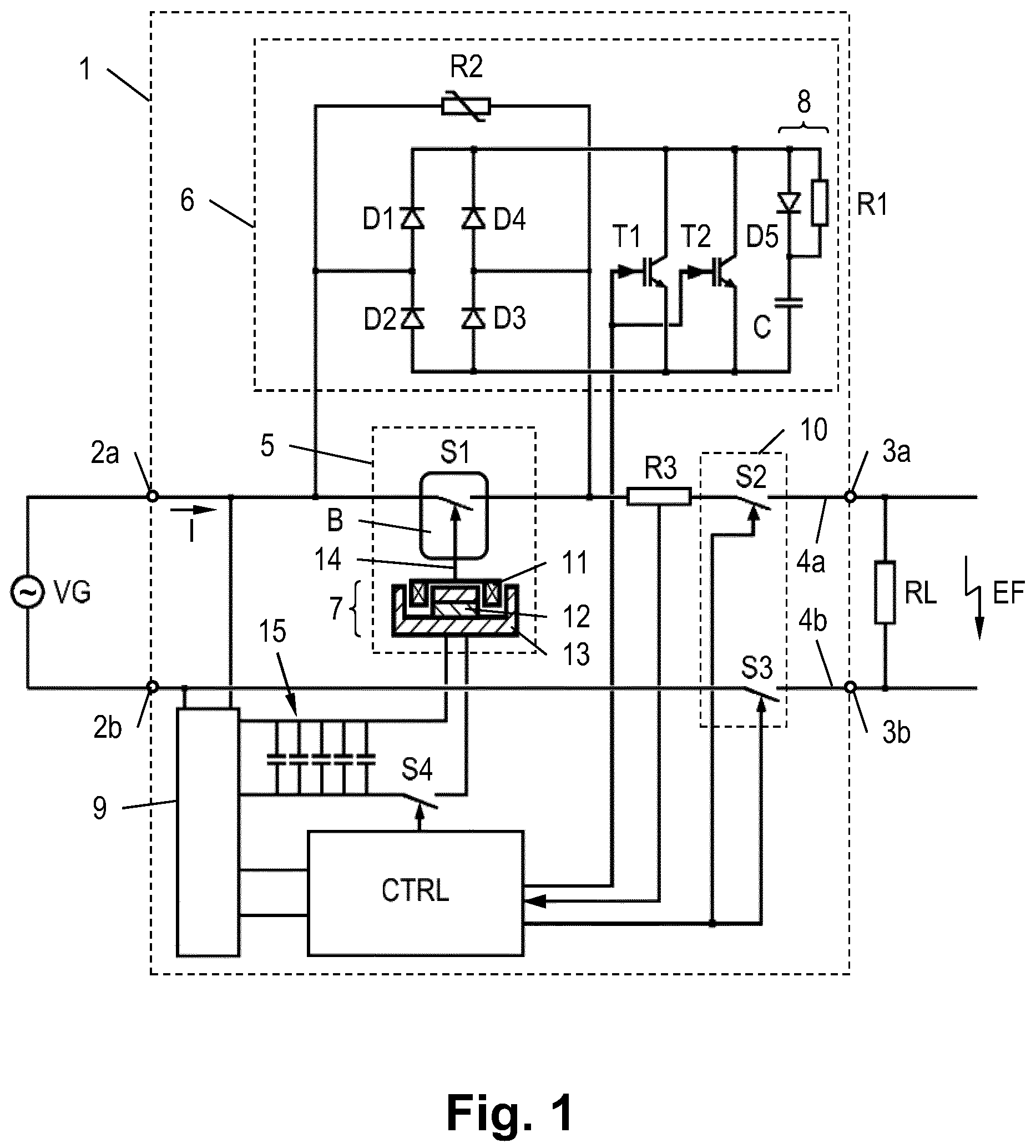 Patent US12437944 Figure 1 – Hybrid circuit breaker with a vacuum interrupter