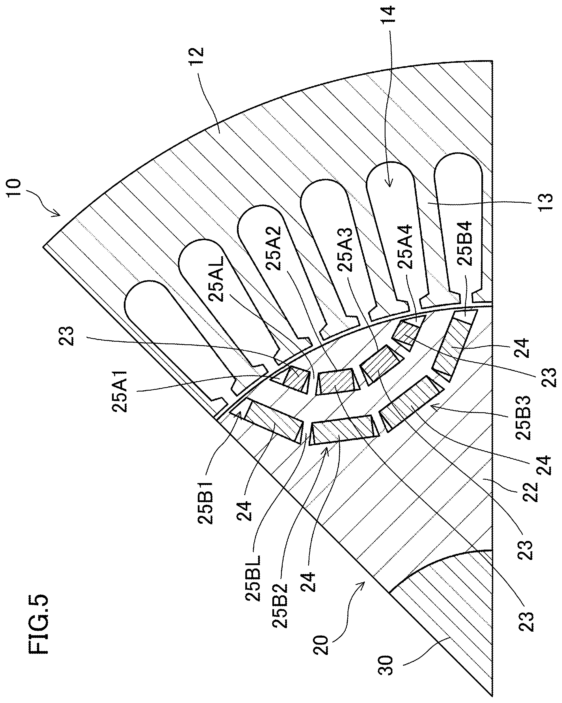Patent US12445002 Figure 5 – Magnet-embedded rotating machine with magnets having different coercive forces