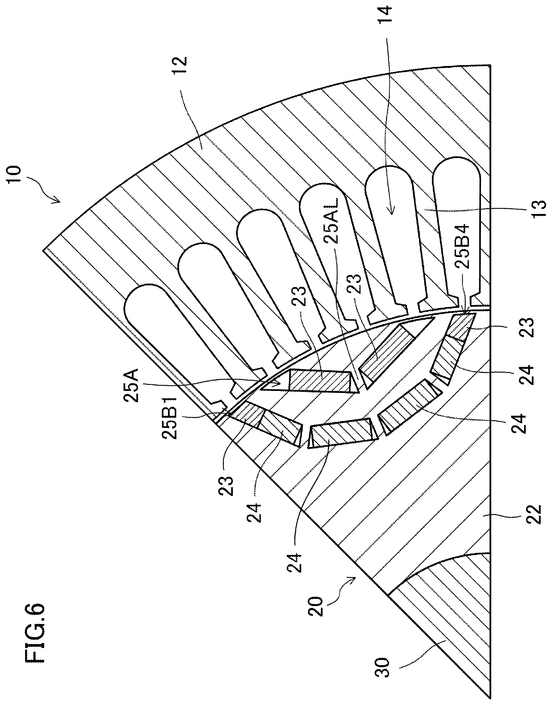 Patent US12445002 Figure 6 – Magnet-embedded rotating machine with magnets having different coercive forces
