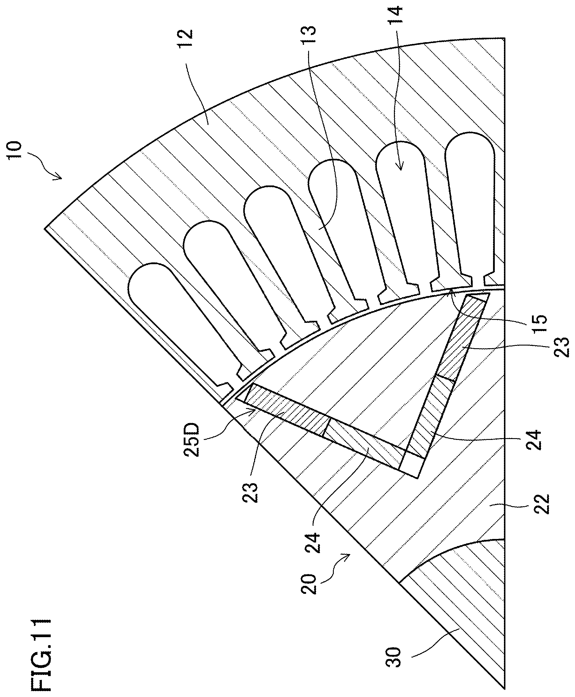 Patent US12445002 Figure 11 – Magnet-embedded rotating machine with magnets having different coercive forces