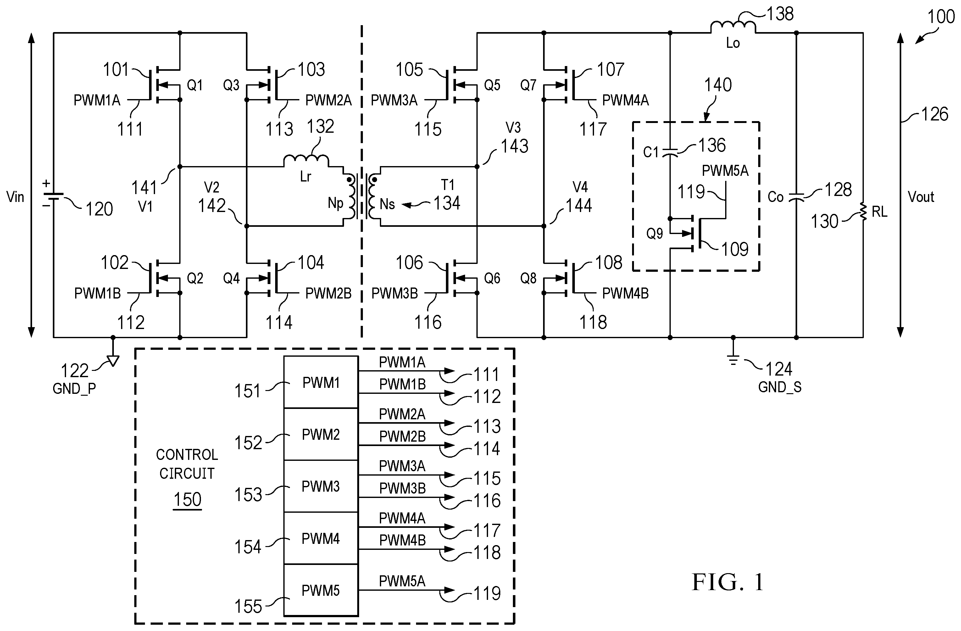 Patent US12445042 Figure 1 – Circuit and system for the protection of primary transistors in power converters with active clamping