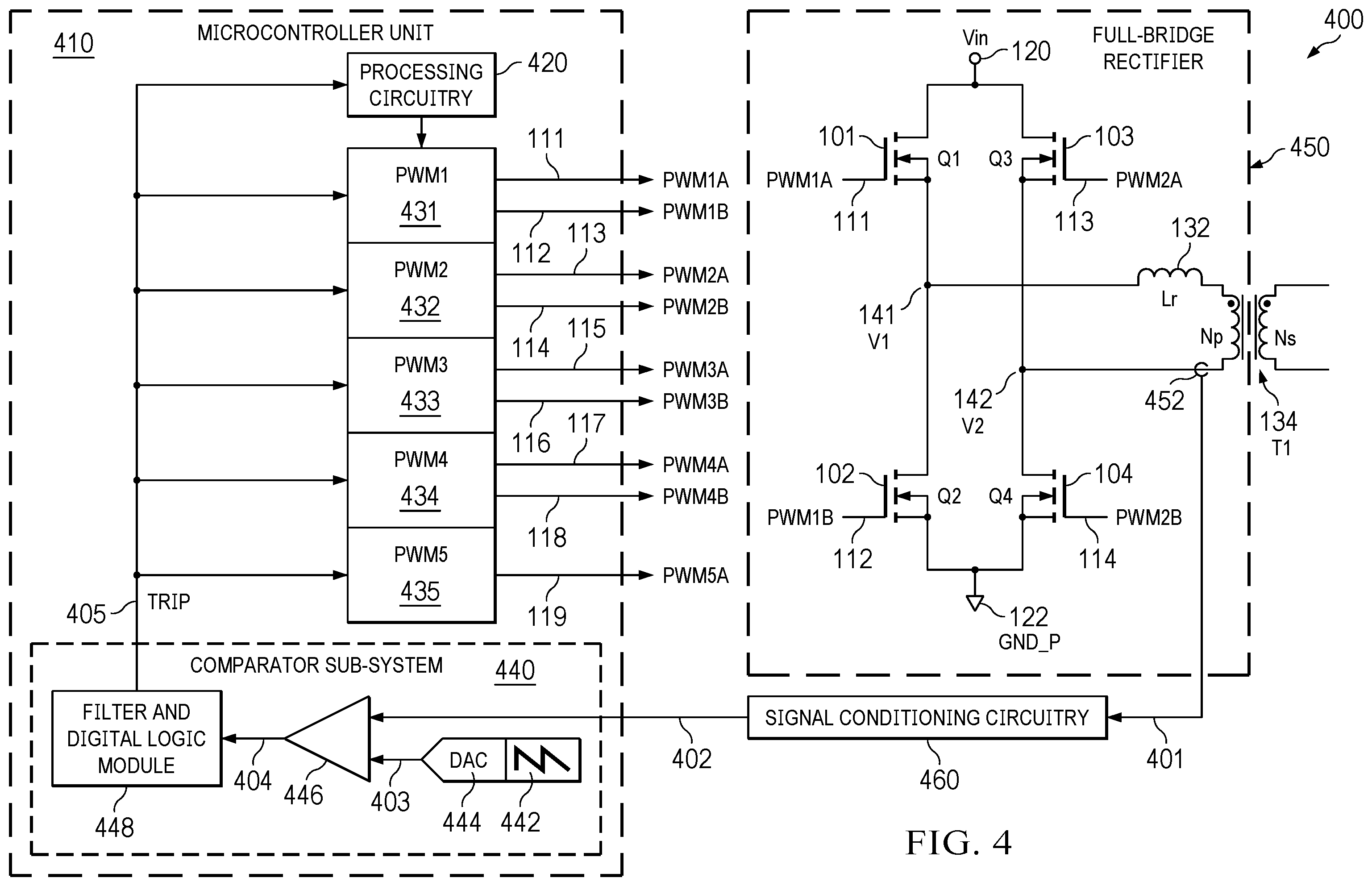 Patent US12445042 Figure 4 – Circuit and system for the protection of primary transistors in power converters with active clamping