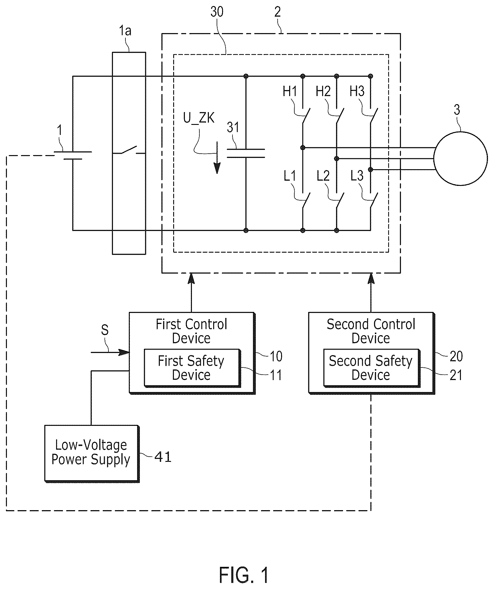 Patent US12445068 Figure 1 – Control device for an inverter, electric drive system and method for establishing a safe operating mode