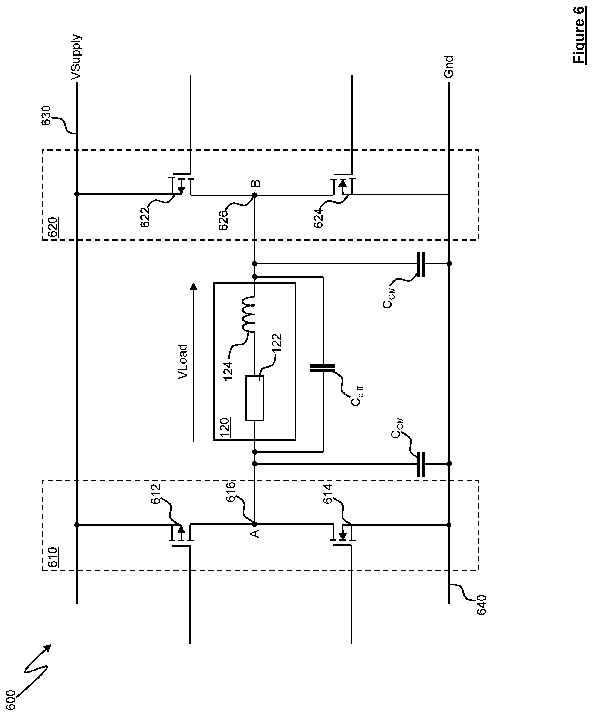 Patent US12445098 Figure 6 – Switching amplifier circuitry