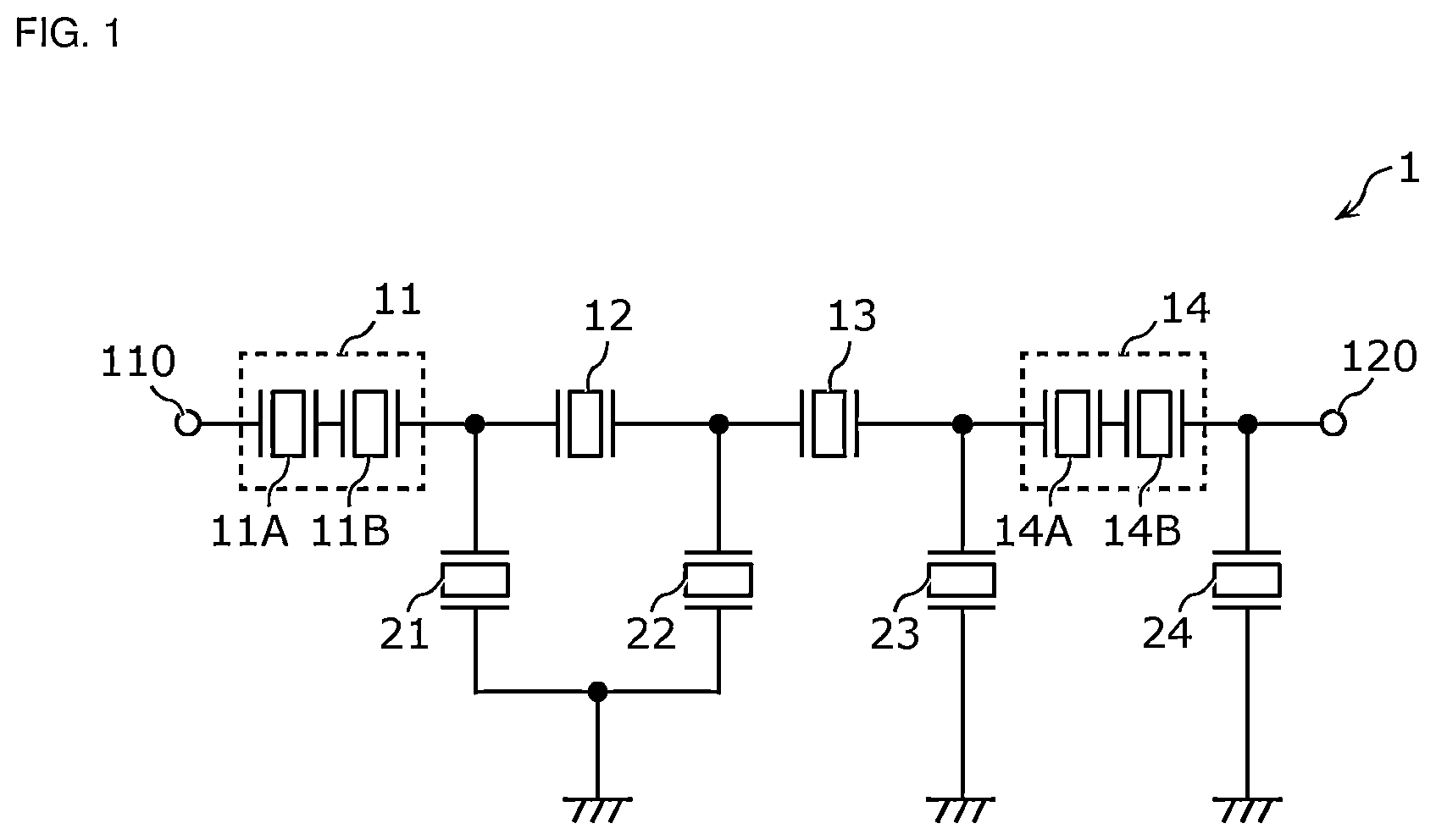 Patent US12445112 Figure 1 – Acoustic wave filter and multiplexer
