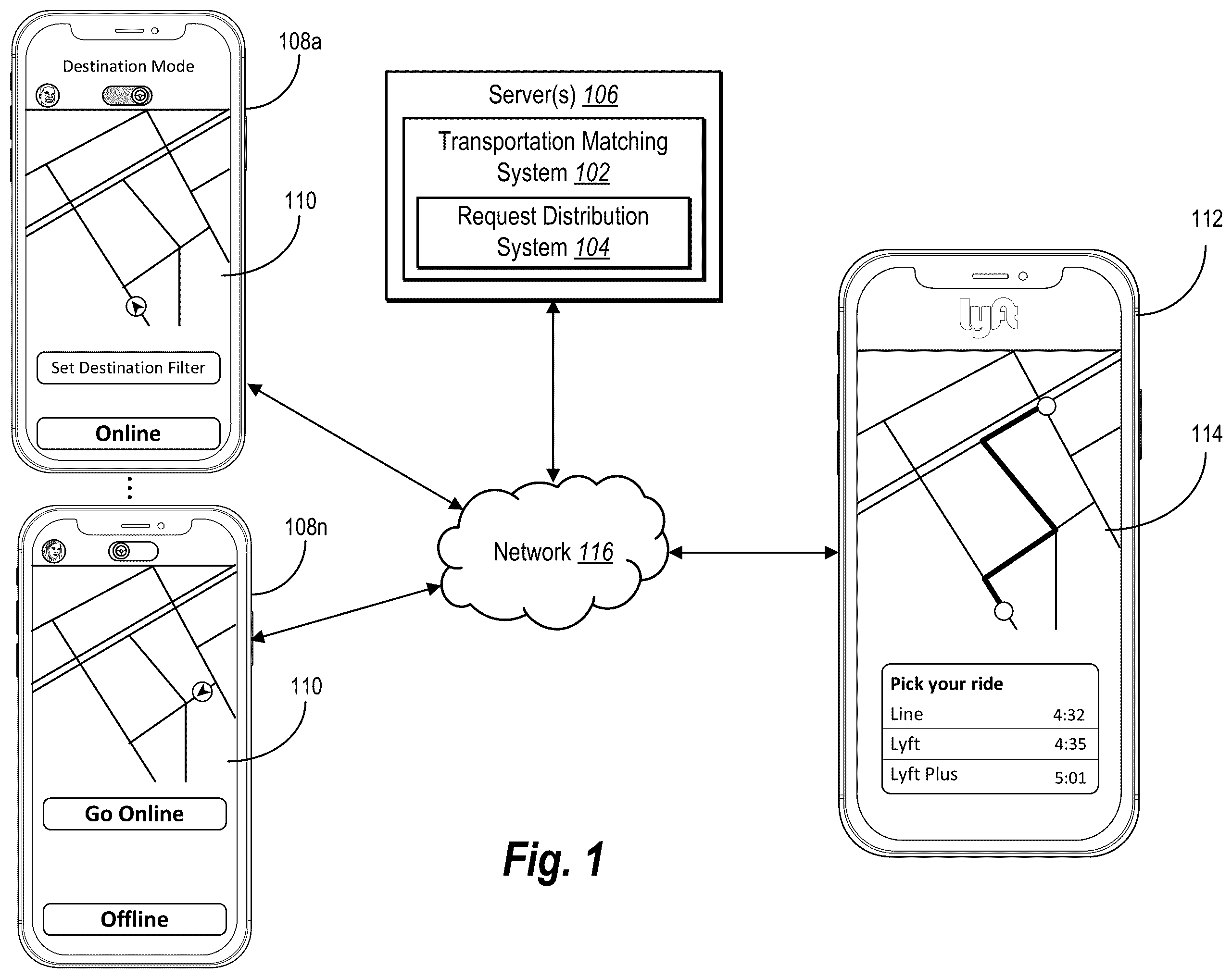 Patent US12445802 — Intelligently transmitting digital transportation requests to provider devices to increase network coverage time and improve transportation system efficiency — Figure 1