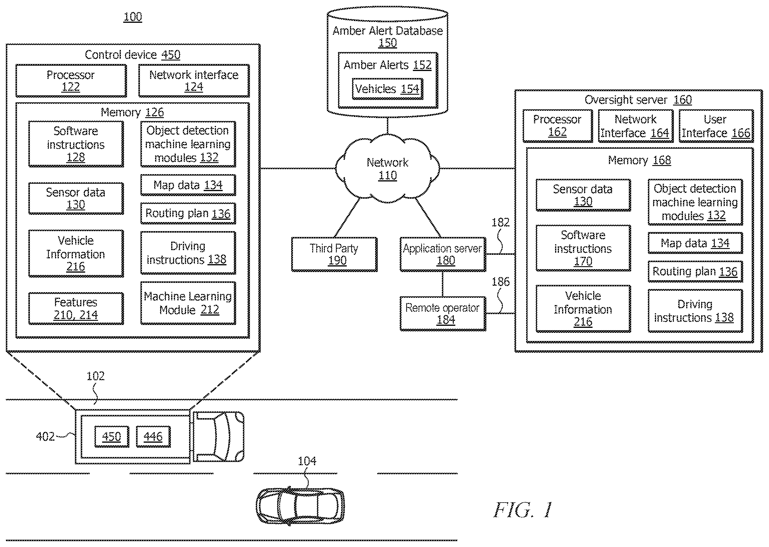 Patent US12448004 Figure 1 – Vehicle of interest detection by autonomous vehicles based on amber alerts
