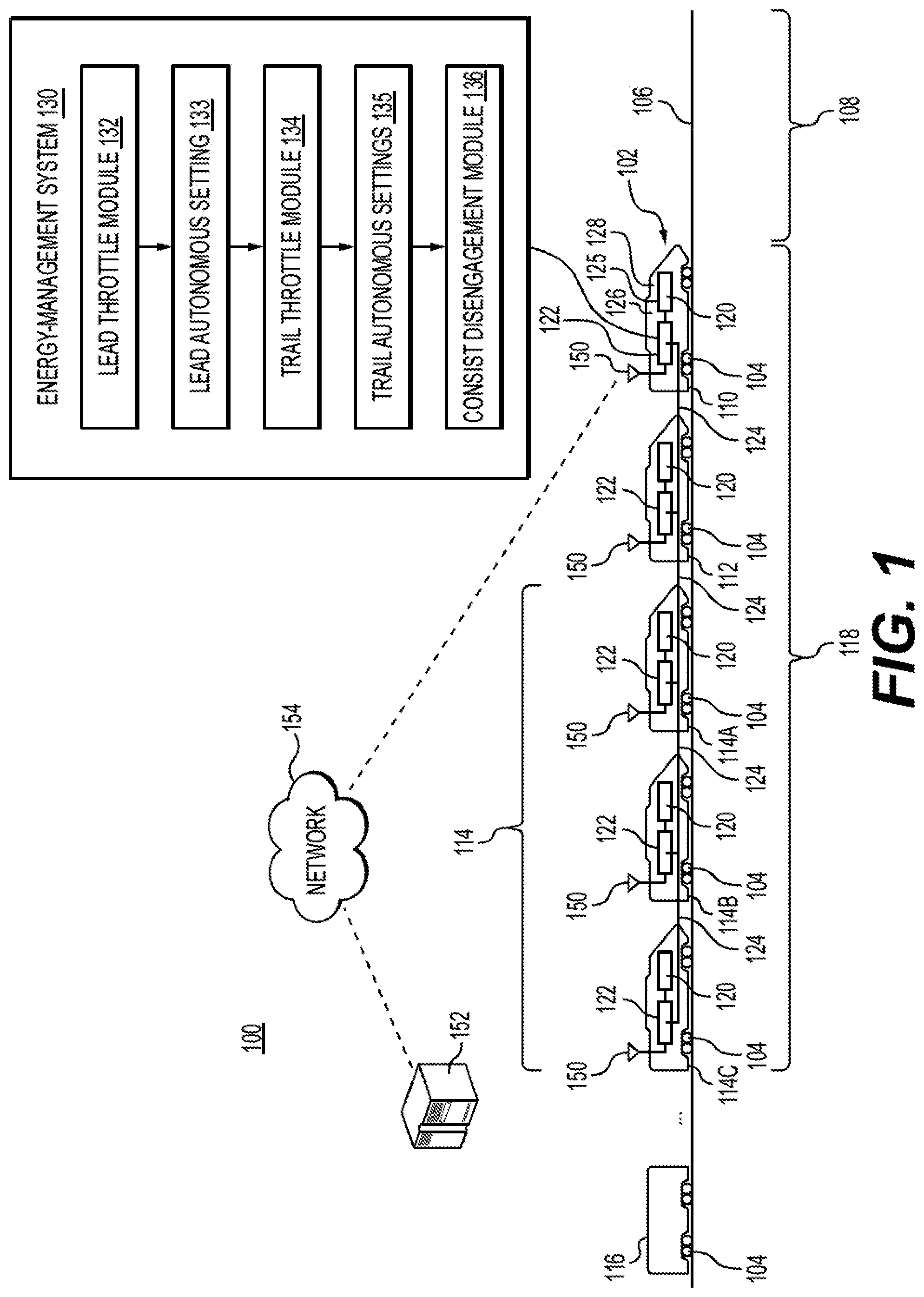 Patent US12448011 Figure 1 – Systems and methods for disengaging locomotives from autonomous control