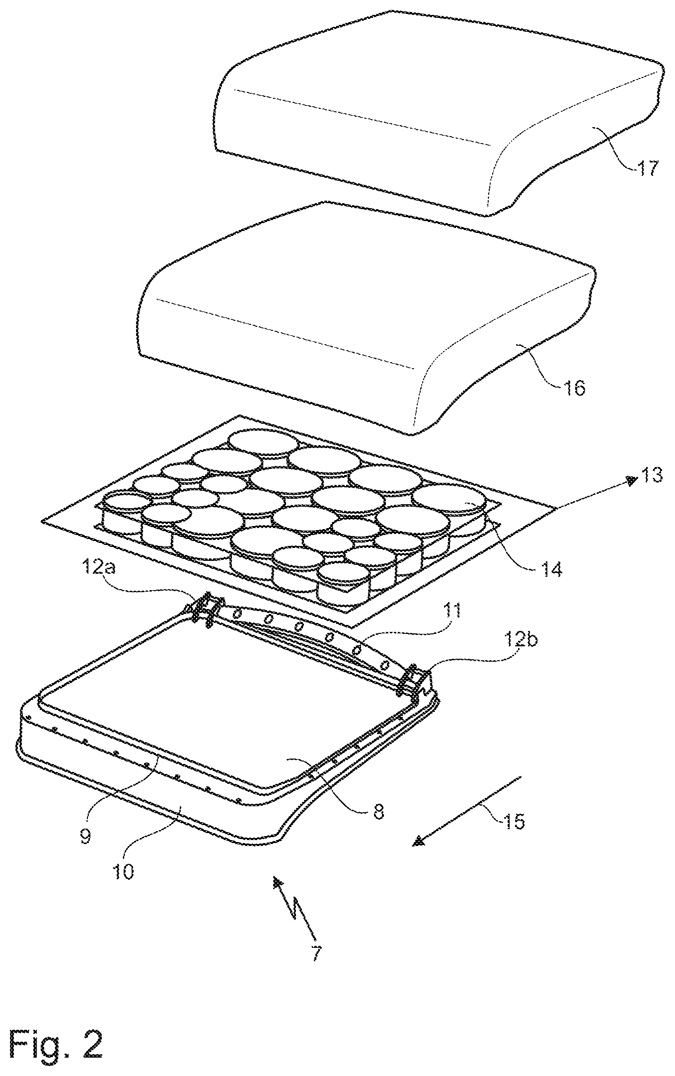 Patent US12448013 Figure 2 – Upholstery structure of a vehicle seat with spring elements