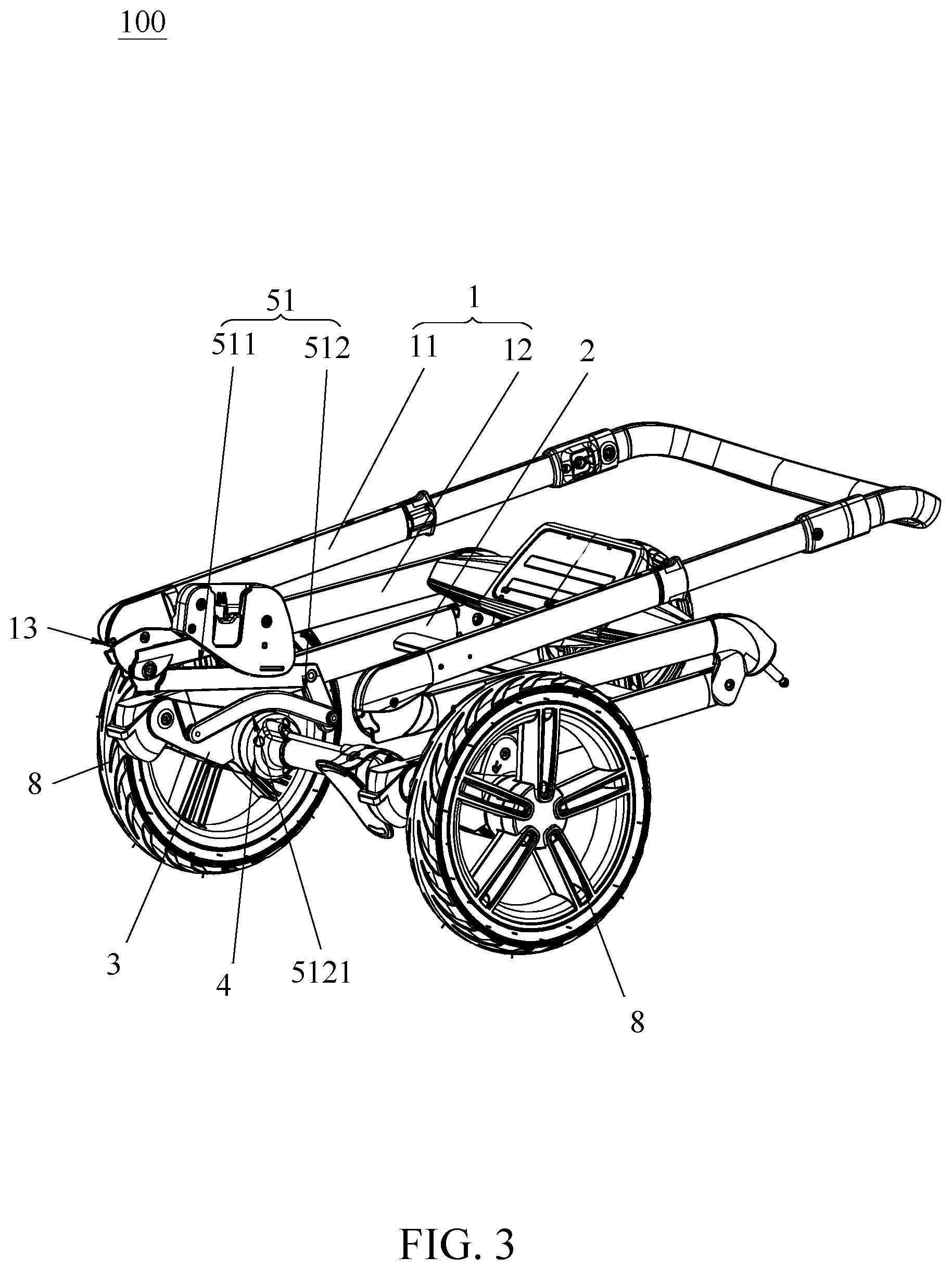 Patent US12448021 Figure 3 – Child stroller frame