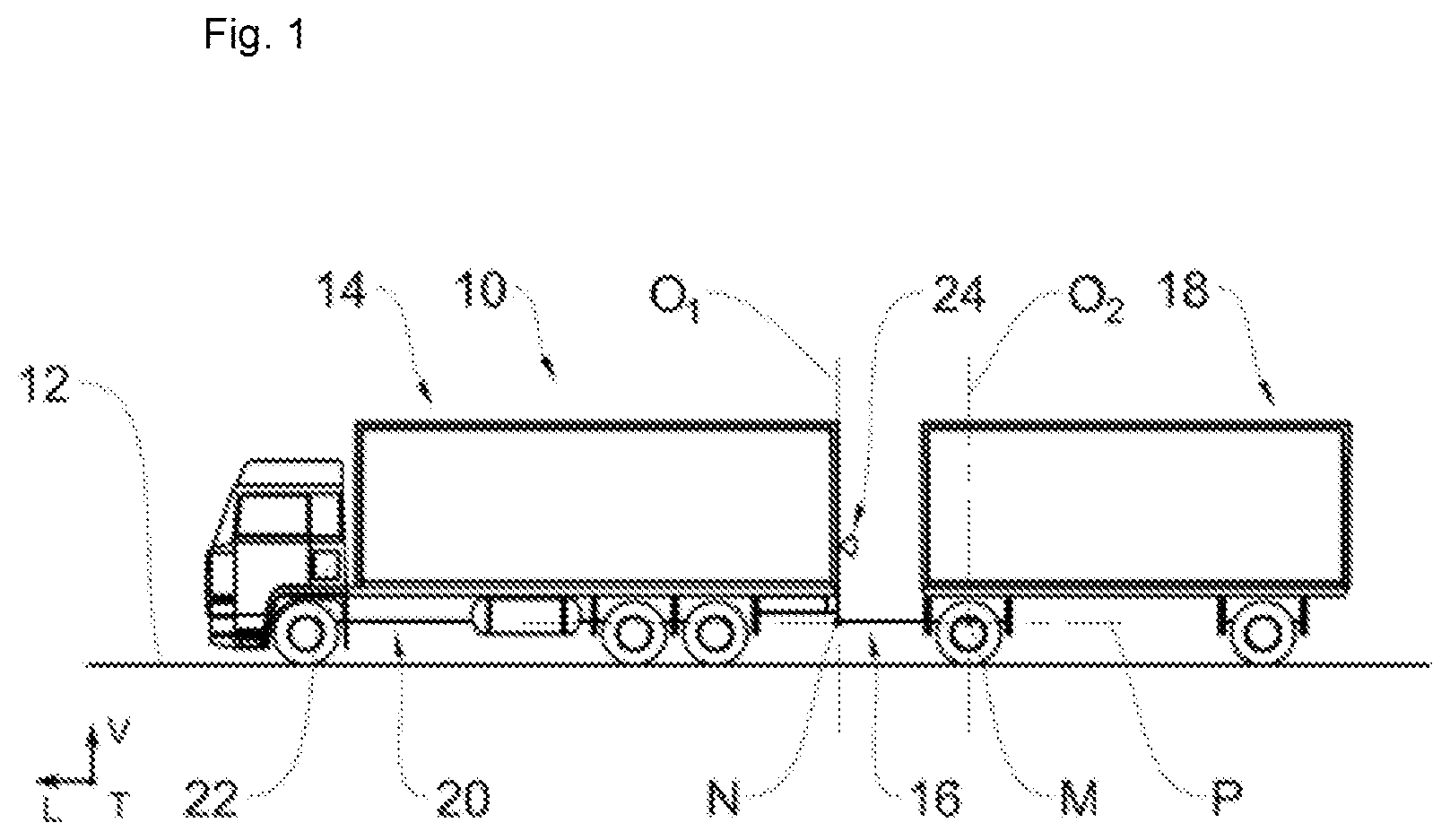 Patent US12448043 Figure 1 – Method for determining the angular position of a complex vehicle with two axes of rotation, and system configured to implement such a method