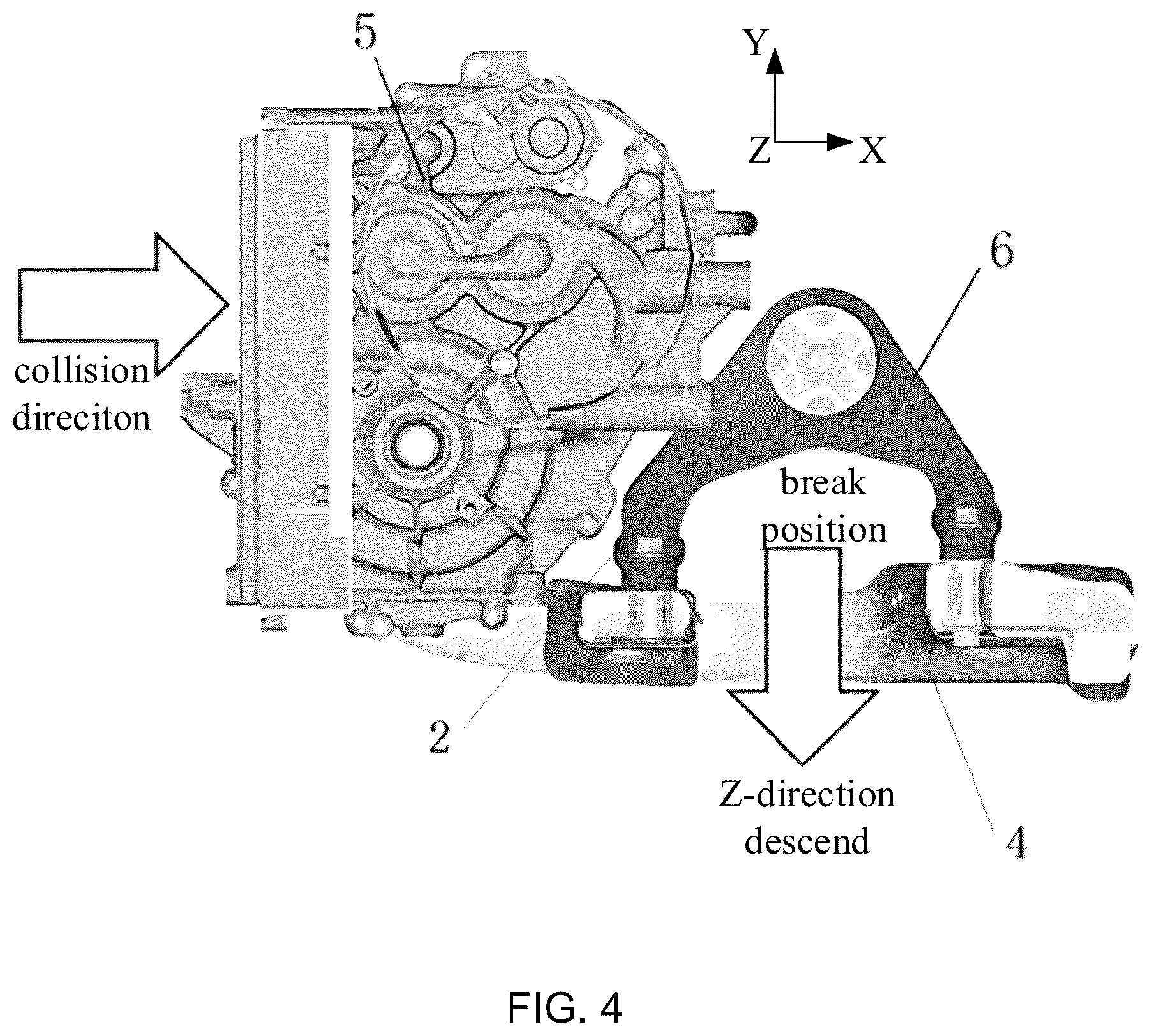 Patent US12448046 Figure 4 – Suspension support for improving collision performance, power assembly structure, and automobile