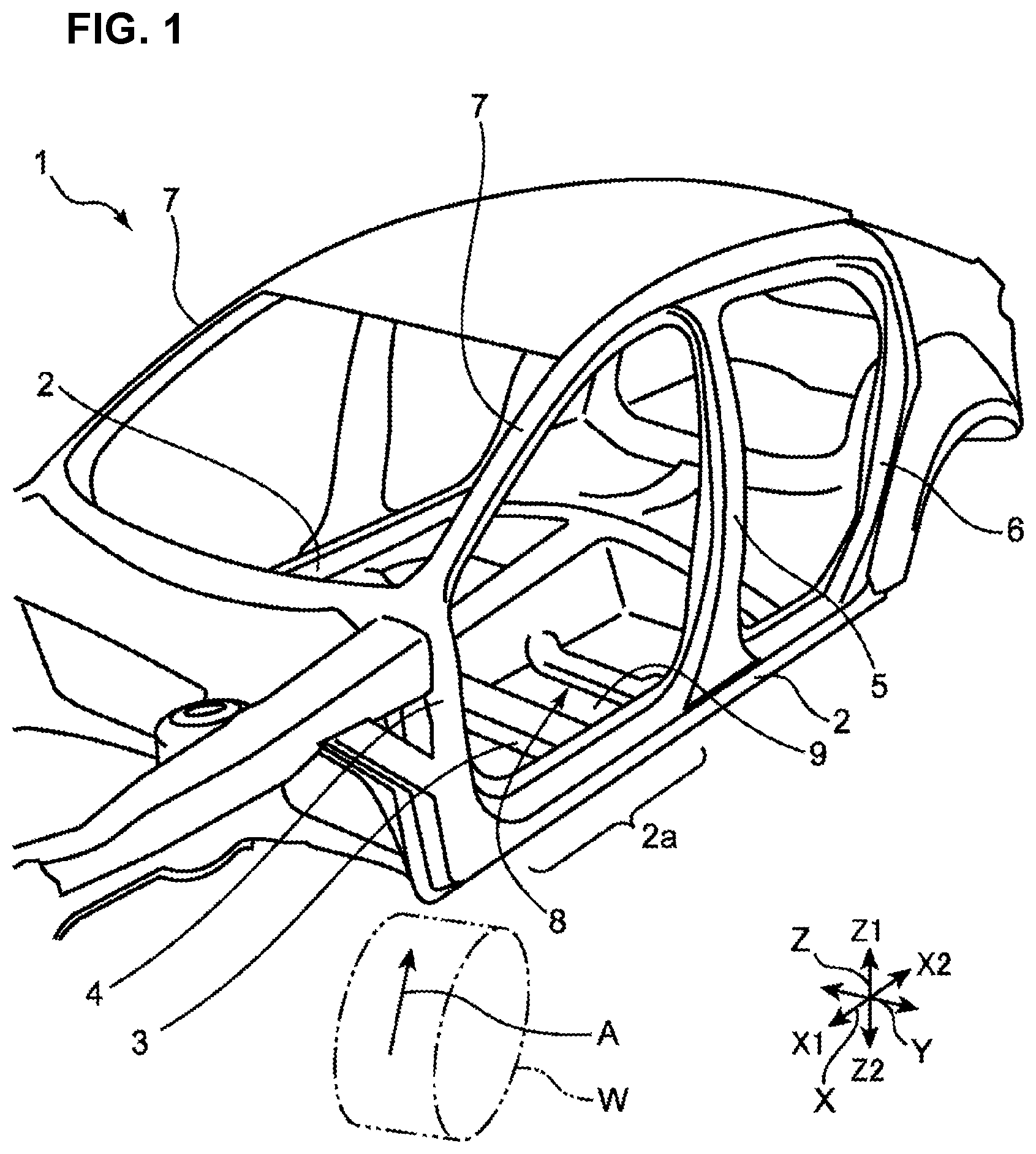 Patent US12448050 Figure 1 – Lower vehicle-body structure of vehicle