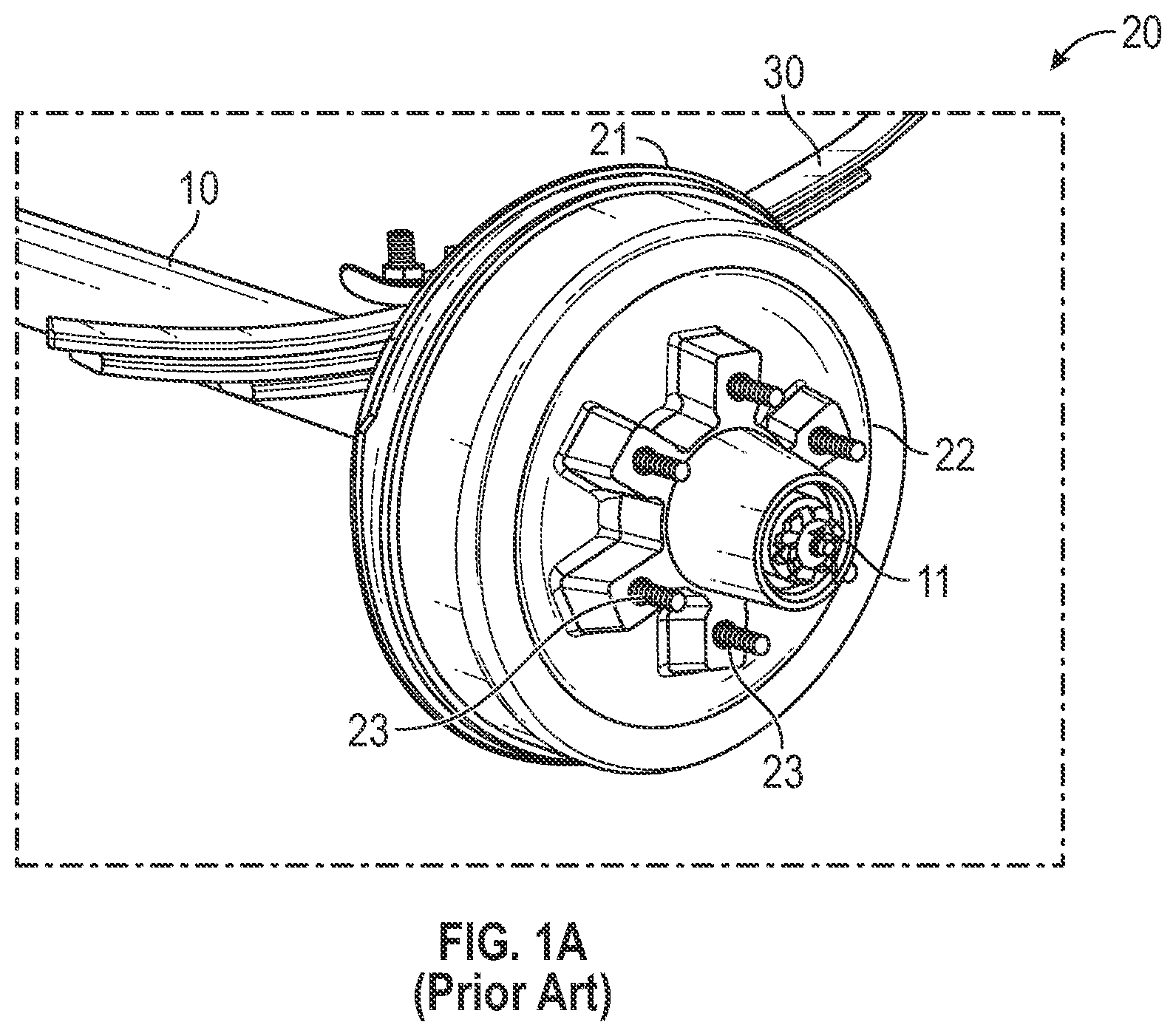 Patent US12448053 Figure 1 – Mechanism for securing a vehicle protection system and a backing plate of a brake assembly to an axle of a vehicle