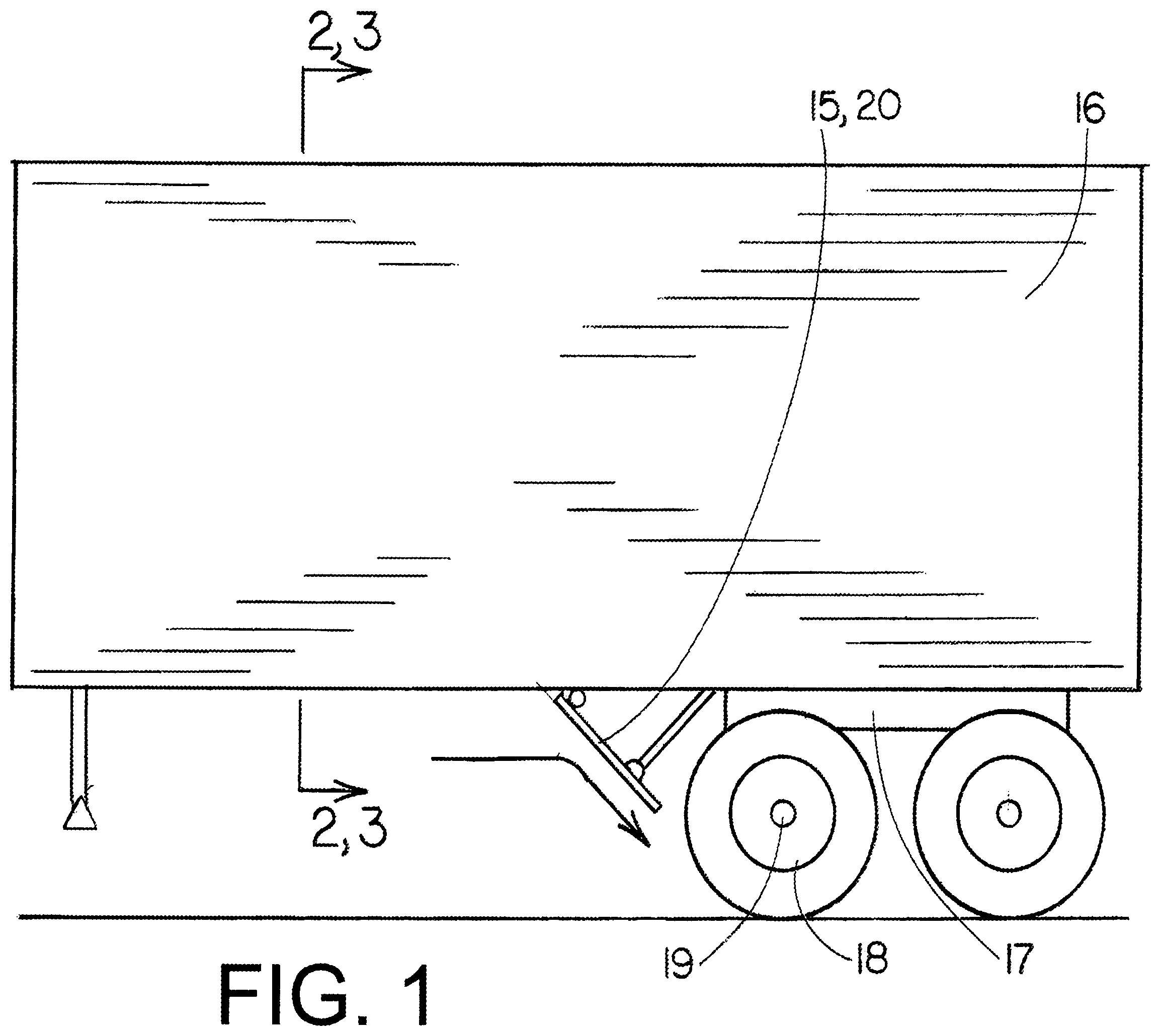 Patent US12448058 Figure 1 – Laterally inset trailer skirt and inner wheel skirt panel, each reducing vehicle drag