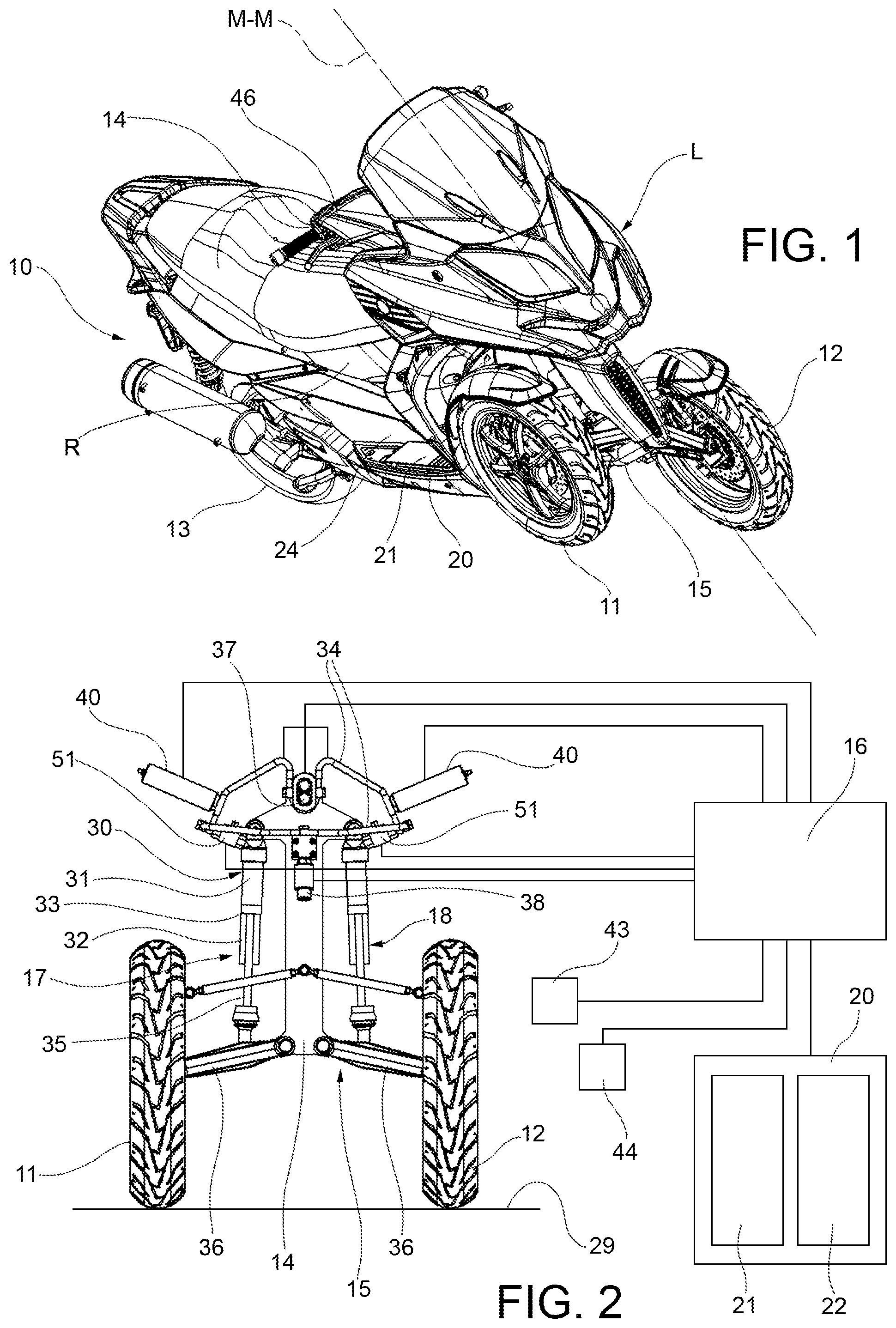 Patent US12448070 Figure 1 – Tilting vehicle with at least three wheels, a safety device, and a method