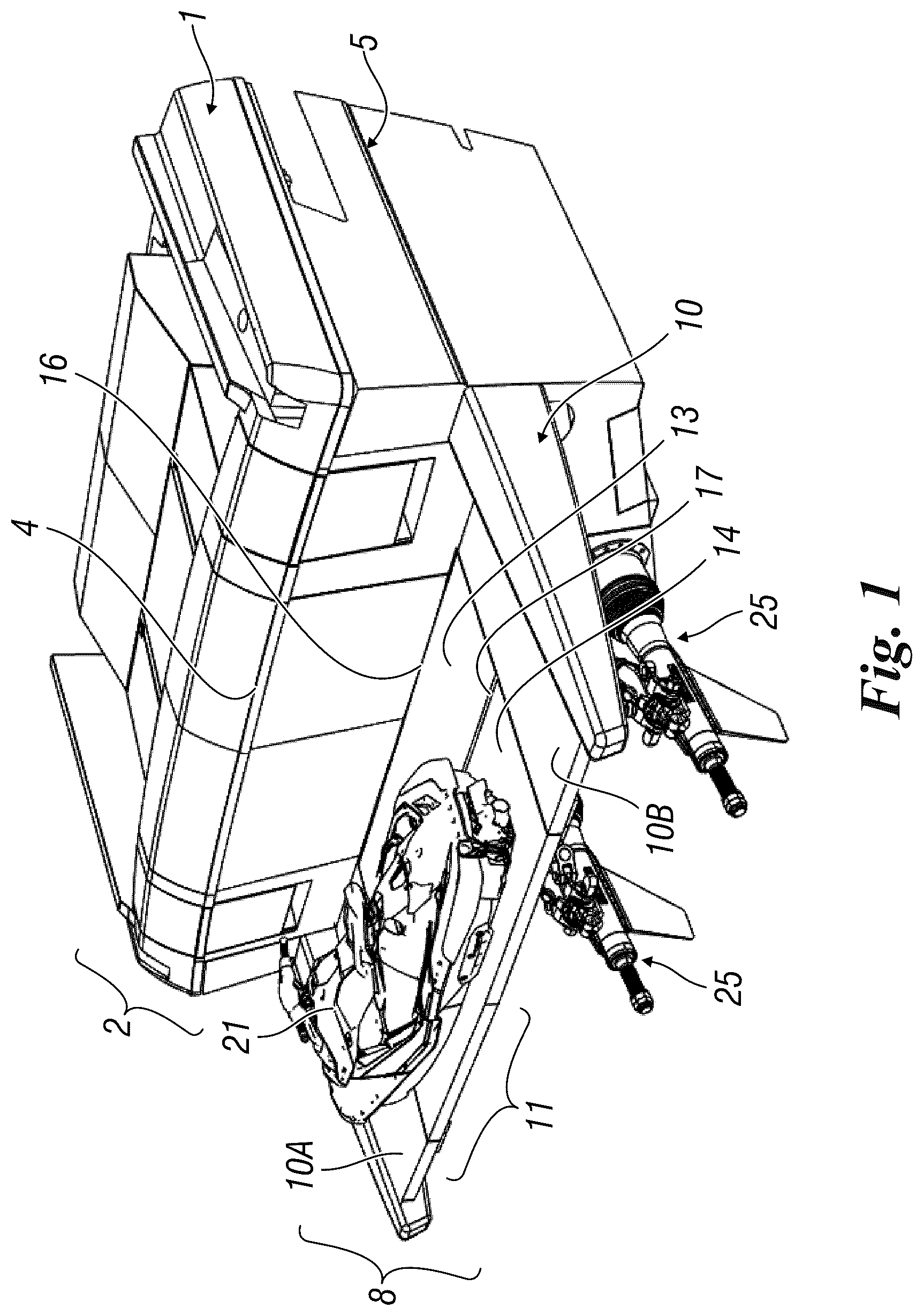 Patent US12448085 Figure 1 – Boat with movable stern platform and made of two parts