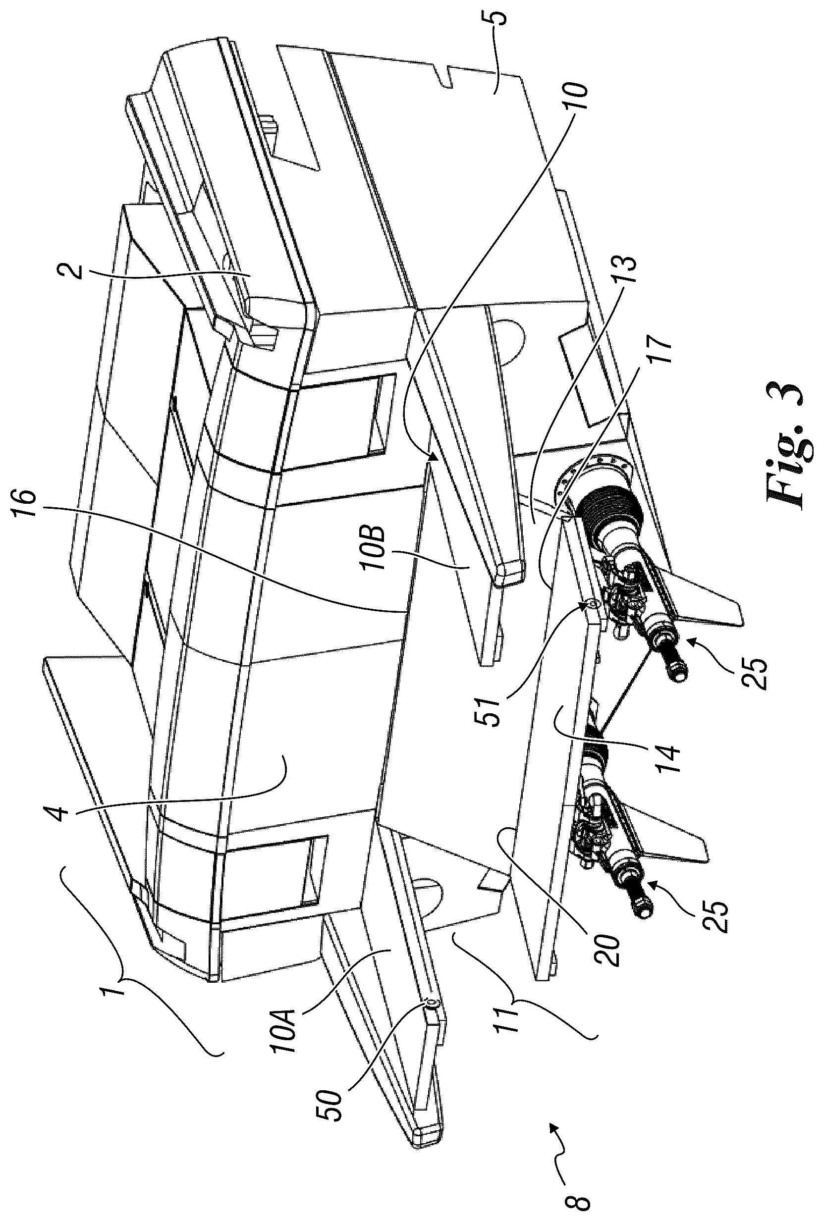 Patent US12448085 Figure 3 – Boat with movable stern platform and made of two parts