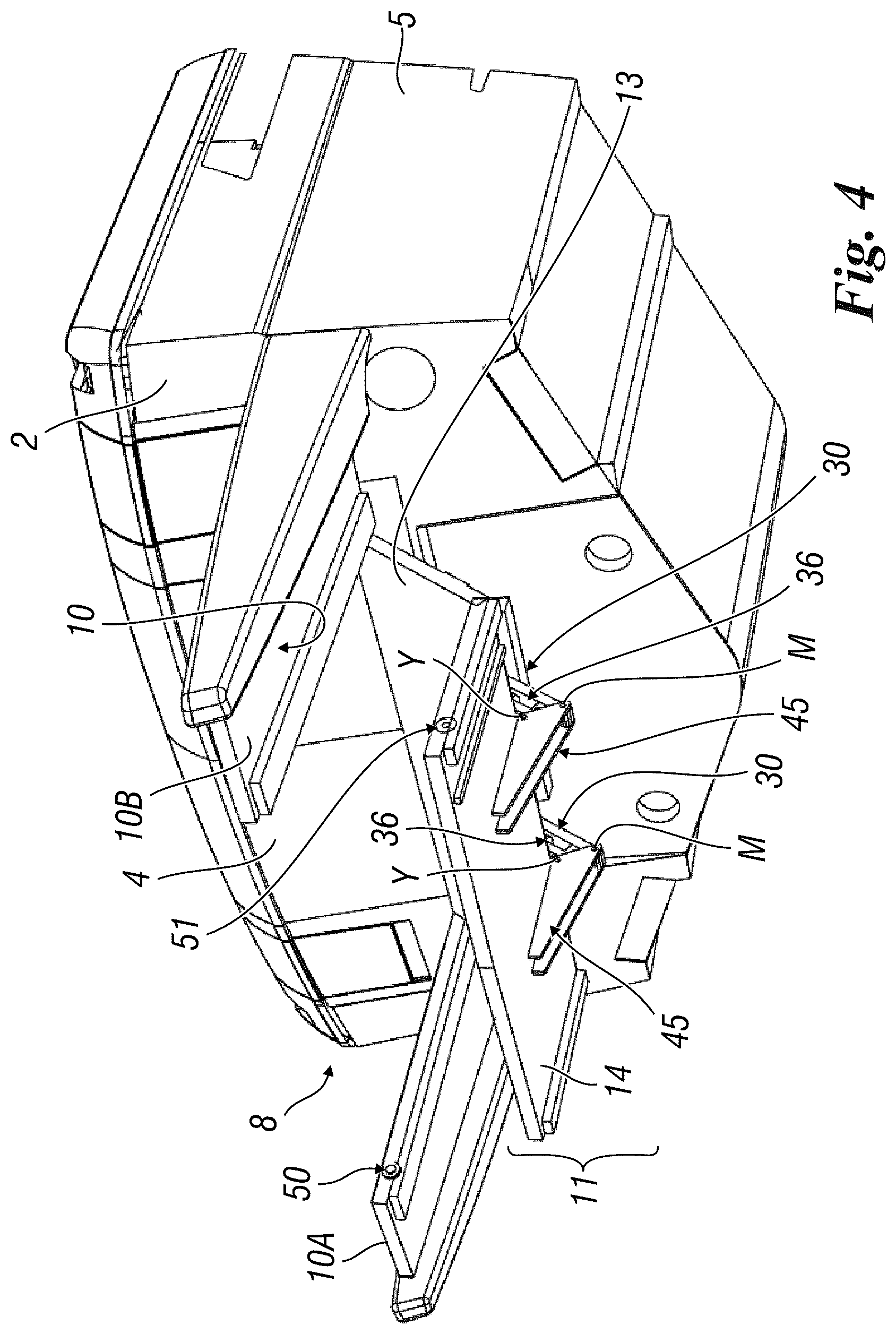 Patent US12448085 Figure 4 – Boat with movable stern platform and made of two parts