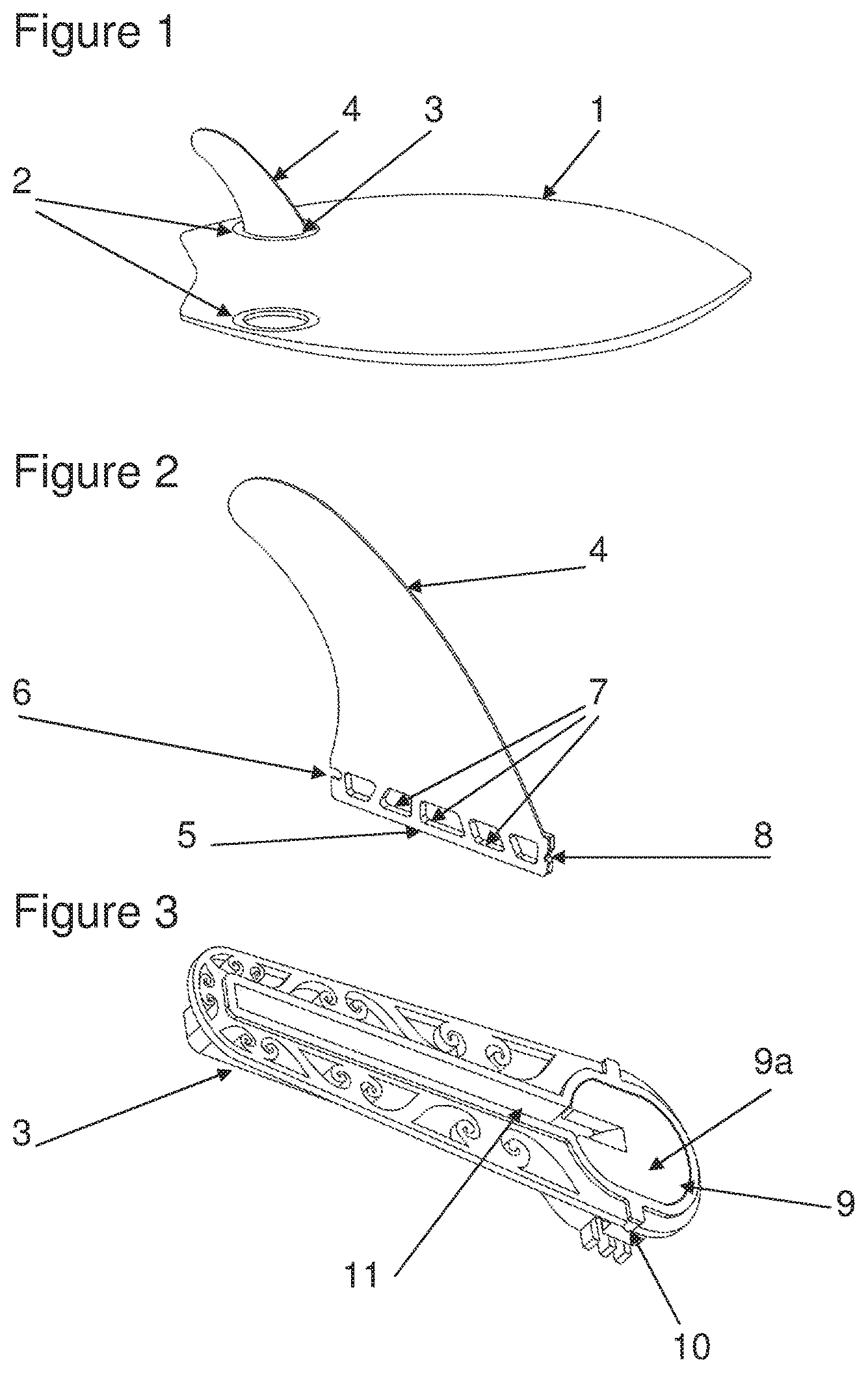 Patent US12448087 Figure 1 – Means for removably installing fins on a board for use in water sports